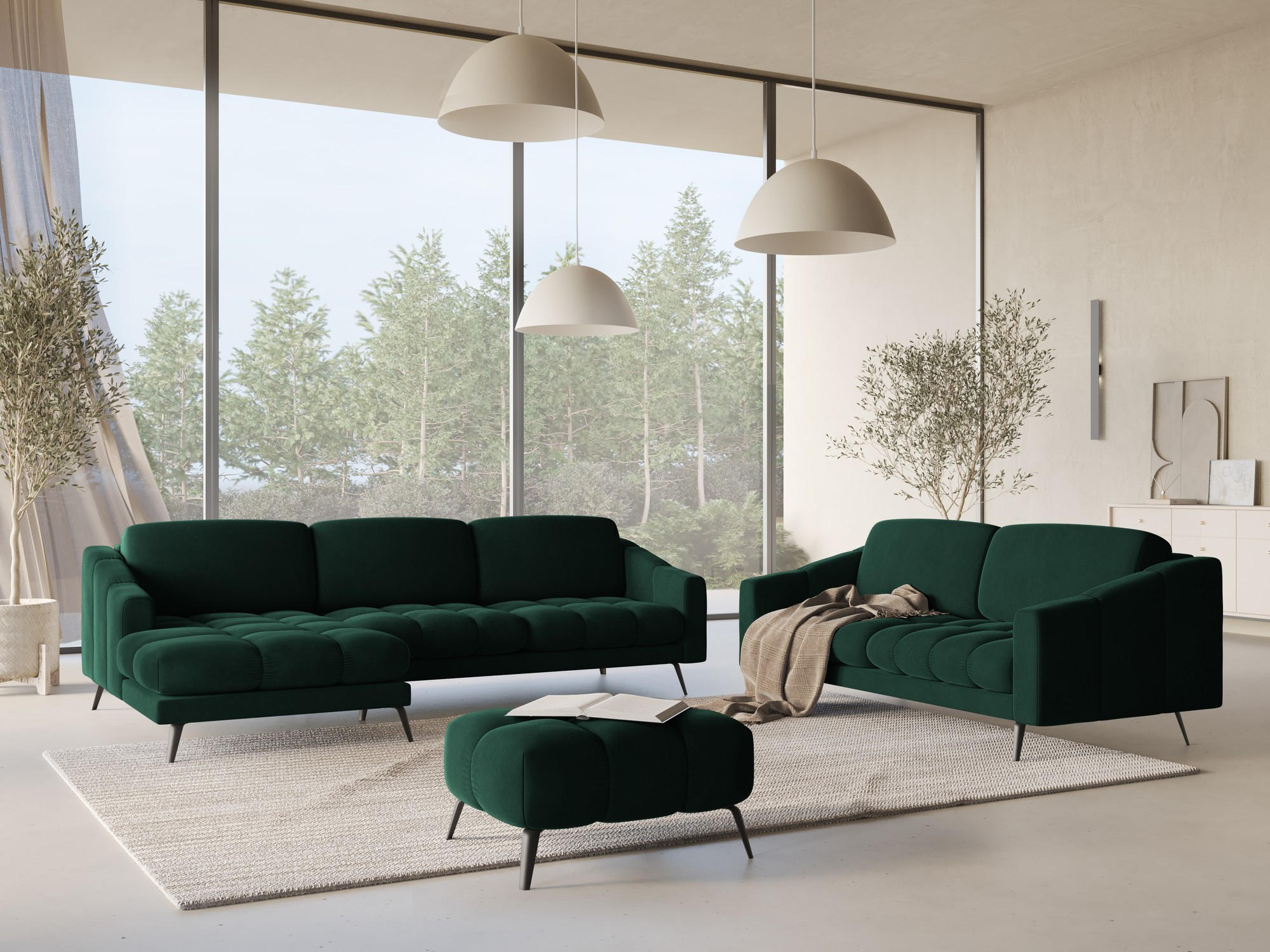 ECKSOFA Links Samt Stoff Grün - Dunkelgrün/Schwarz, Textil/Metall (160/264cm) - Makamii