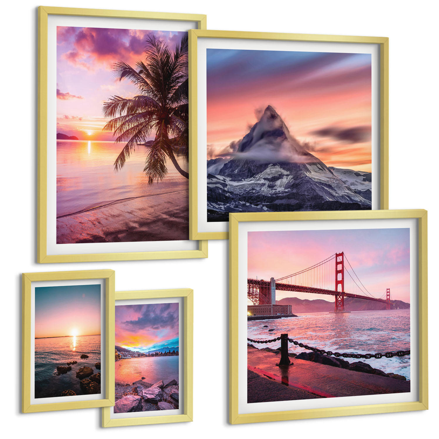 BILDER SET 5er Set - 50x50 cm & 20x30 cm & 40x60 cm Goldrahmen - Rosen, Champagner, Marmor, Pastell - Goldfarben, Kunststoff (40/60cm) - TULUP