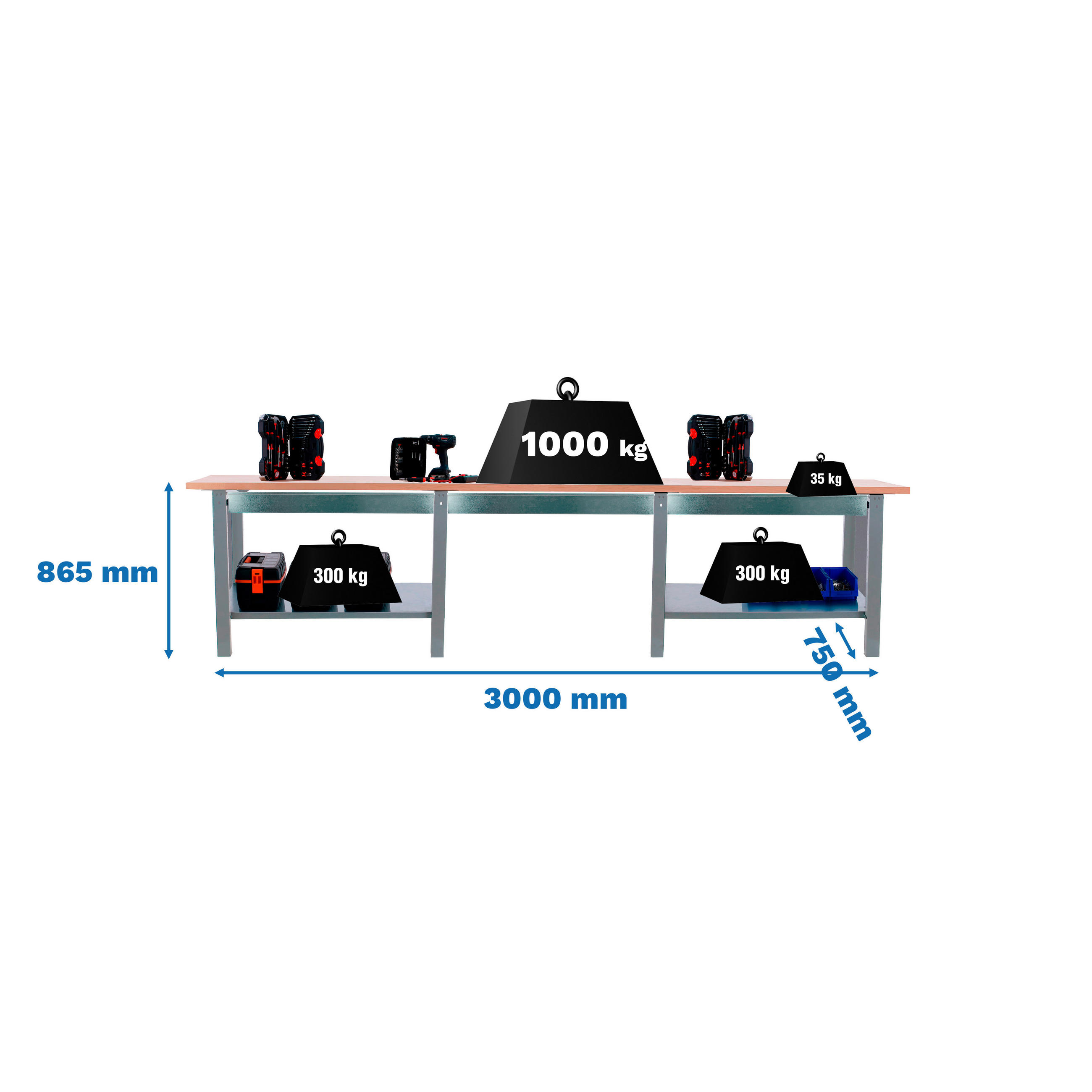 WERKBANK Buffalo Wood mit 3x Schublade HxBxT 86,5 x 300 x 75 cm Traglast 1000 kg Grau - Grau, Metall (300/86.5/75cm) - PROREGAL