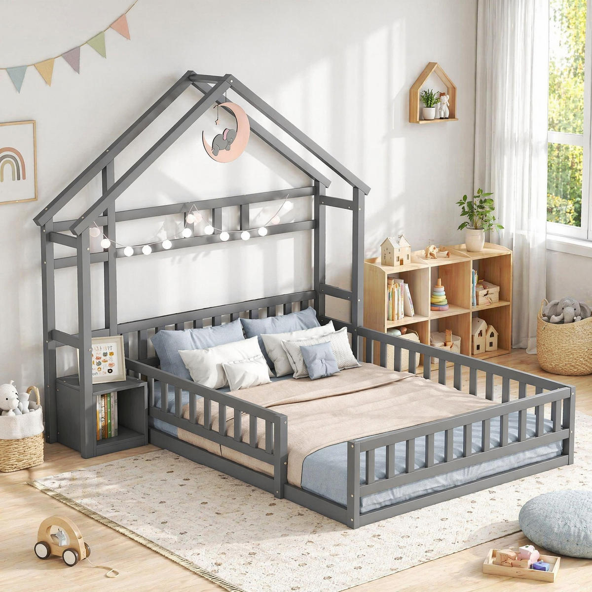KINDERBETT 140/200 mit Nachttisch und Geländer in Grau - Grau, Holzwerkstoff (140/200cm) - EVRYAE