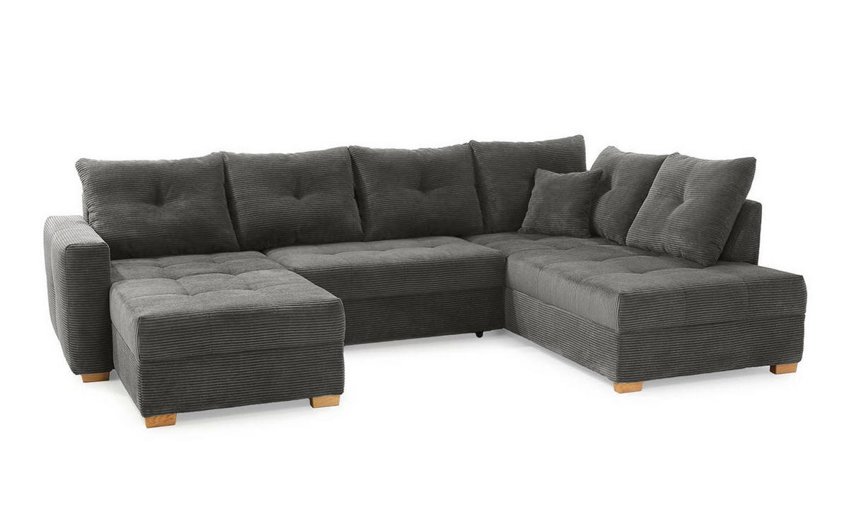 WOHNLANDSCHAFT mit Schlaffunktion und Bettkasten, spiegelverkehrt montierbar U-Form B313/T200/H92 cm, Cord Grau Anthrazit / 15220 - Schieferfarben/Eichefarben, Holz/Textil (313/92/200cm) - luma-home