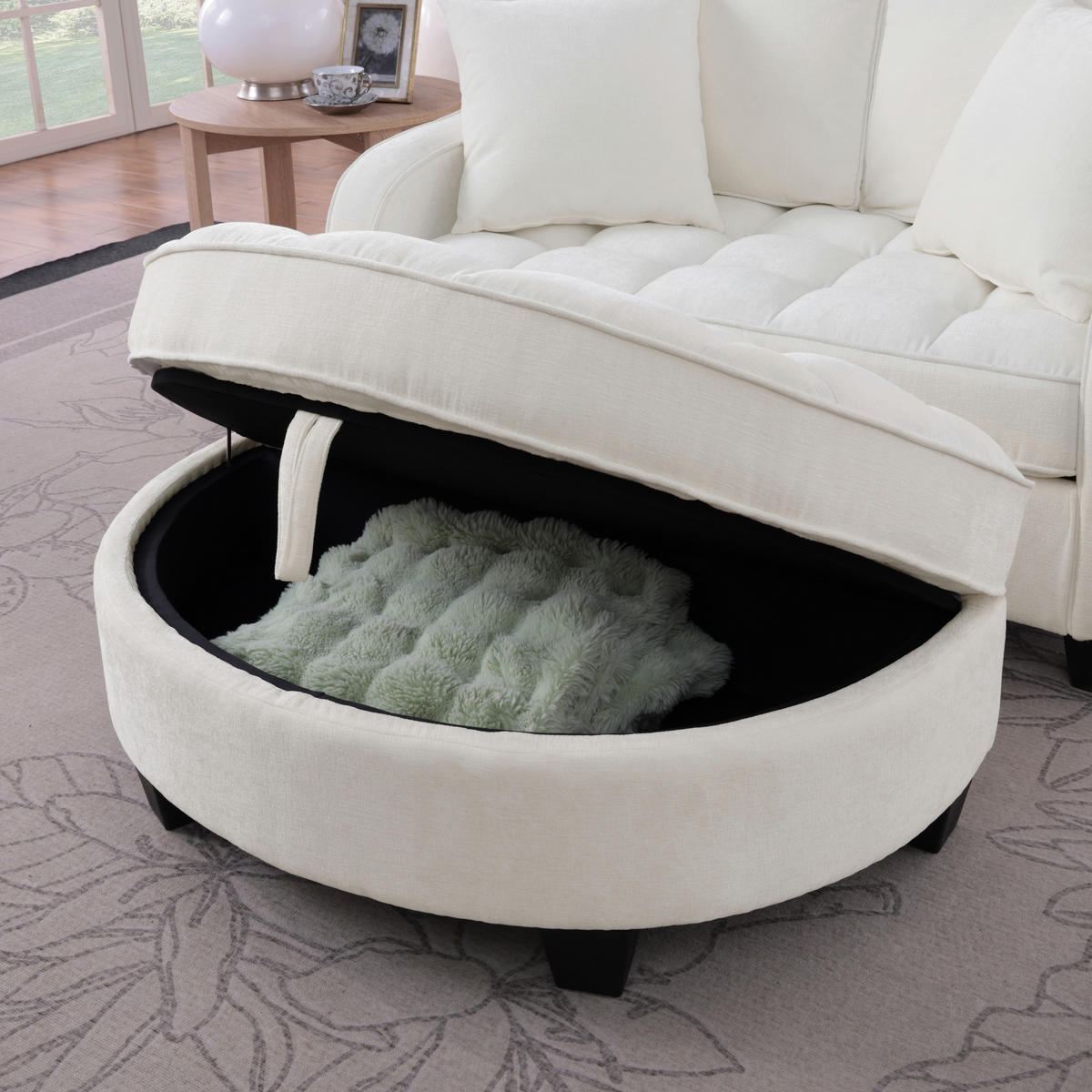 SOFA Chenille Beige mit Hocker und Schlaffunktion - Beige, Holzwerkstoff/Kunststoff (132/93/129cm) - WISHDOR