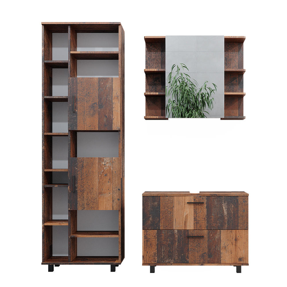 BADMÖBEL-SET Ilias Eiche rustikal 3 Teile, mit Hochschrank - Wildeiche, Holzwerkstoff (80.2/60.8/33cm) - Vicco