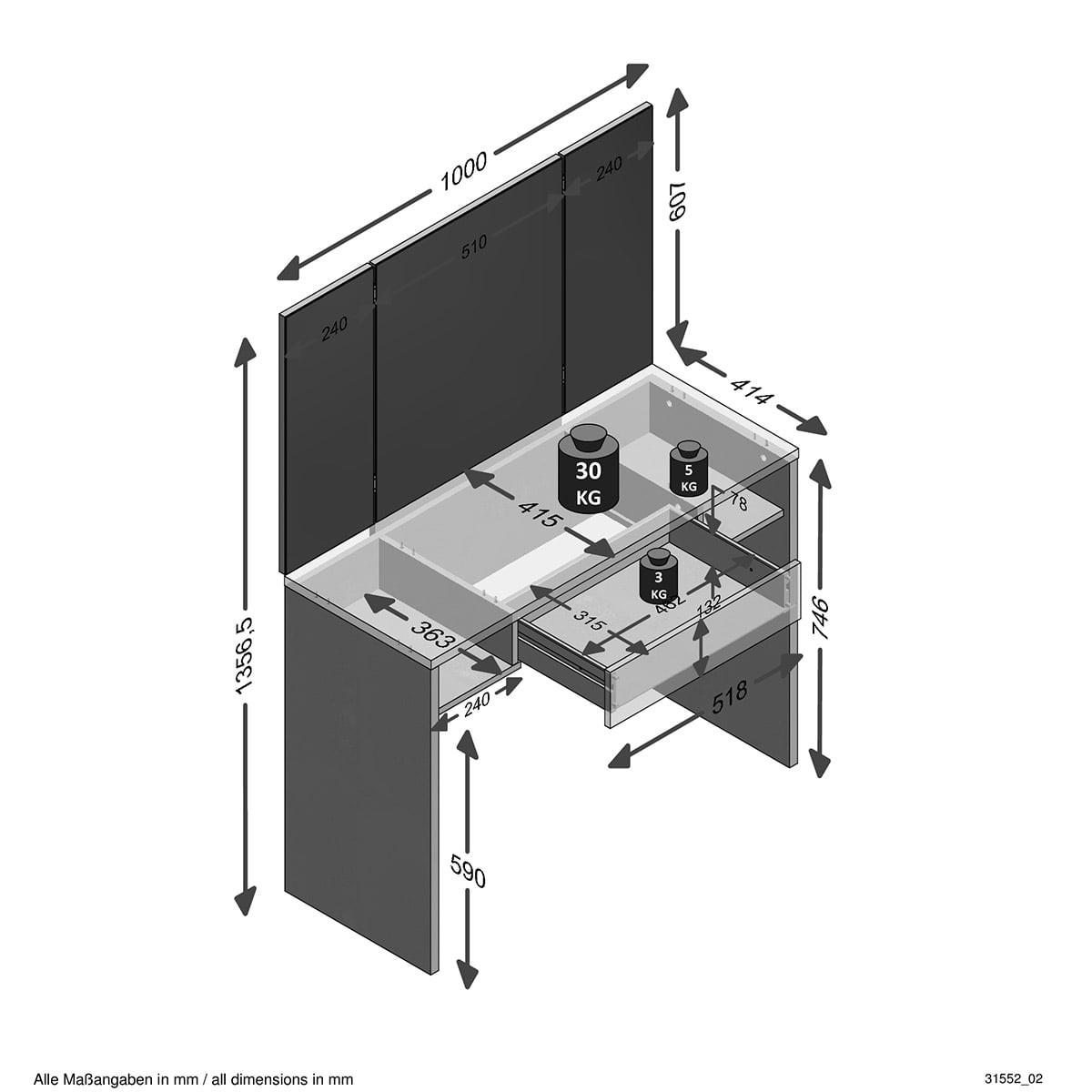 FRISIERTISCH mit 1 Schublade, 2 Nischen und Spiegel - Schminki - Weiß, Holzwerkstoff (41.4/135.7/57.1cm) - Calicosy