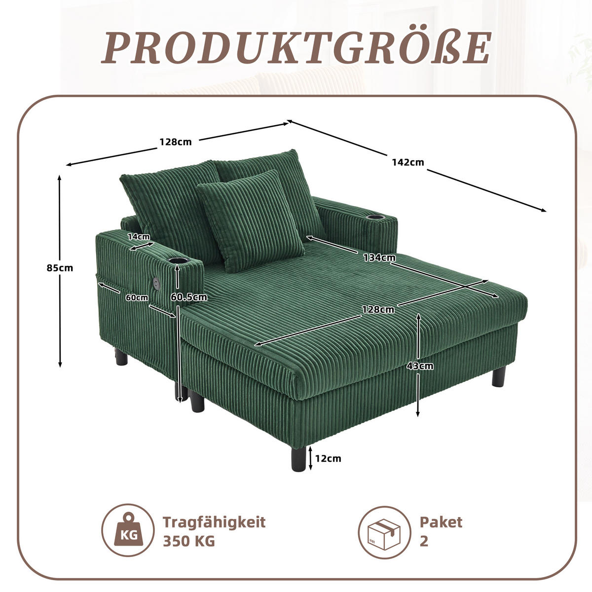 LIEGESTUHL mit LED-Stimmungsbeleuchtung，Cordstoff- Smaragd - Dunkelgrün, Textil (142/85/128cm) - KOMHTOM