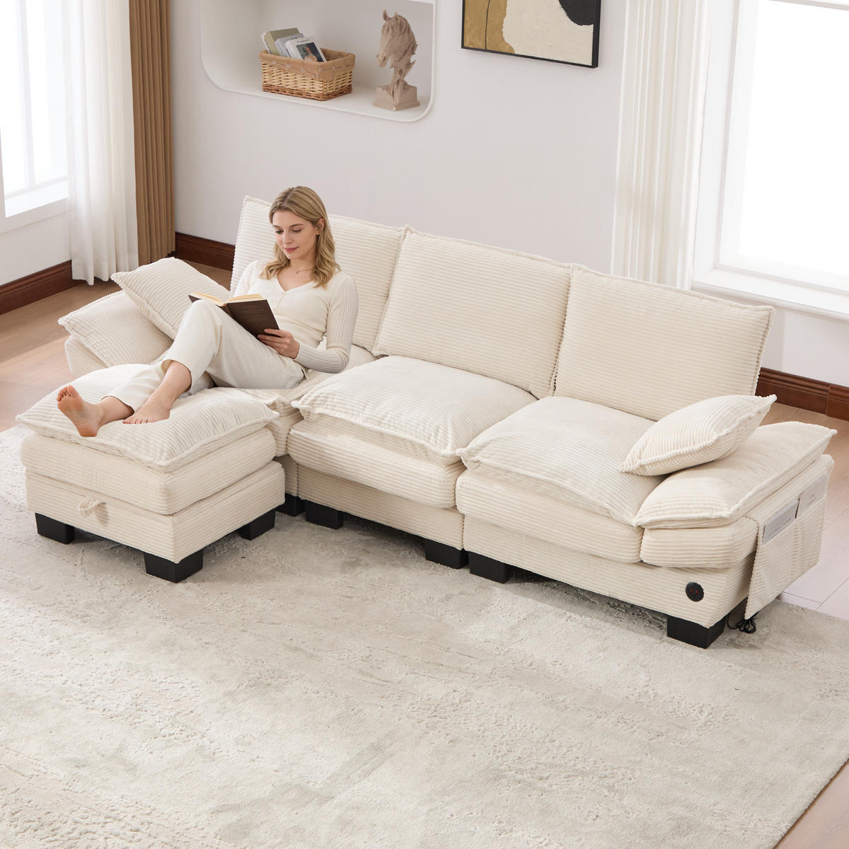3-SITZER Sofa aus Cord 260x132x84 cm mit USB-C & Seitentaschen, beige - Beige, Textil (132/84/260cm)