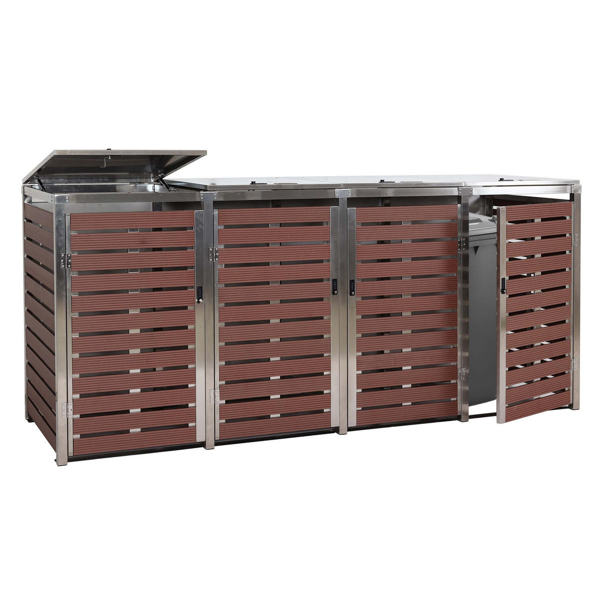 MÜLLTONNENBOX 4er HxBxT 120x264x85cm Walnuss-Holzoptik WPC Edelstahl 128kg - Braun, Metall (264/120/85cm) - PROREGAL