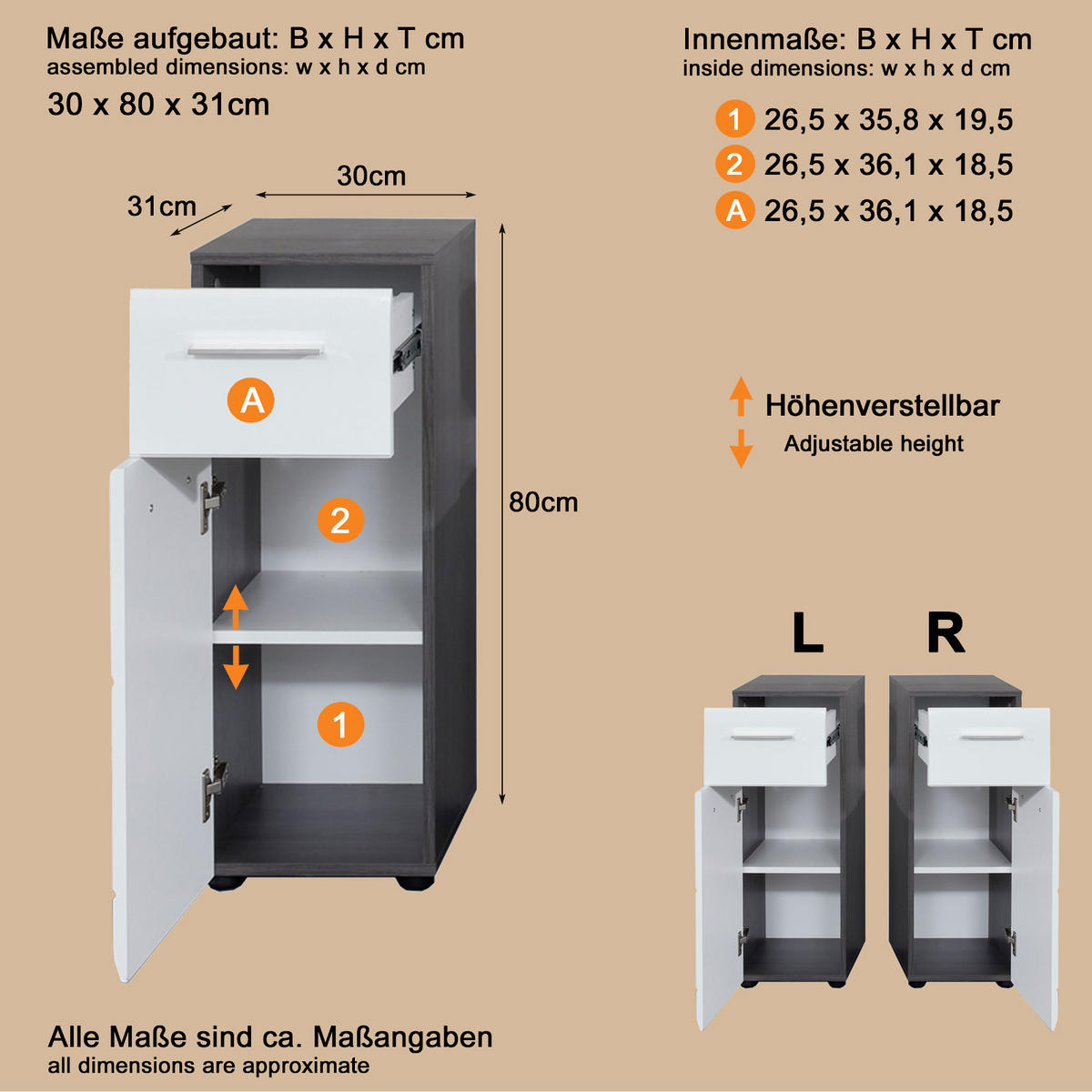 UNTERSCHRANK weiß Hochglanz, grau Rauchsilber, Badschrank 30 cm, Türanschlag wechselbar - Weiß Hochglanz/Silberfarben, Holzwerkstoff/Kunststoff (30/80/31cm) - Top.Furn