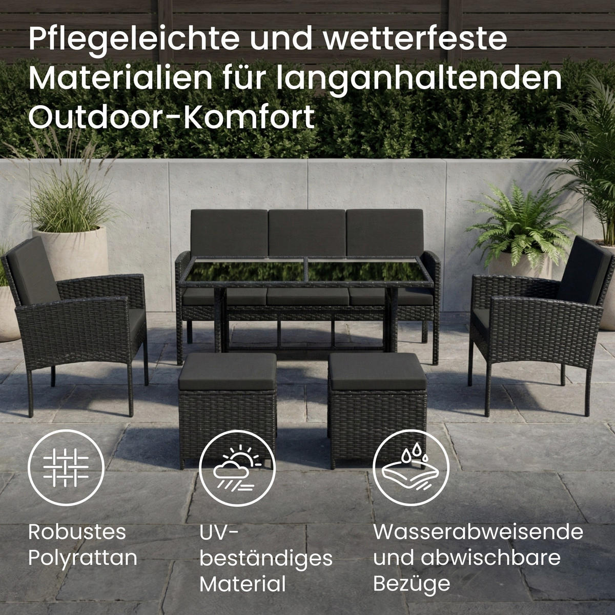 GARTENMÖBEL-SET mit 3-Sitzer Sofa, 2 Stühle, 2 Hocker mit schwarze Kissen - Schwarz, Metall - Home Collective