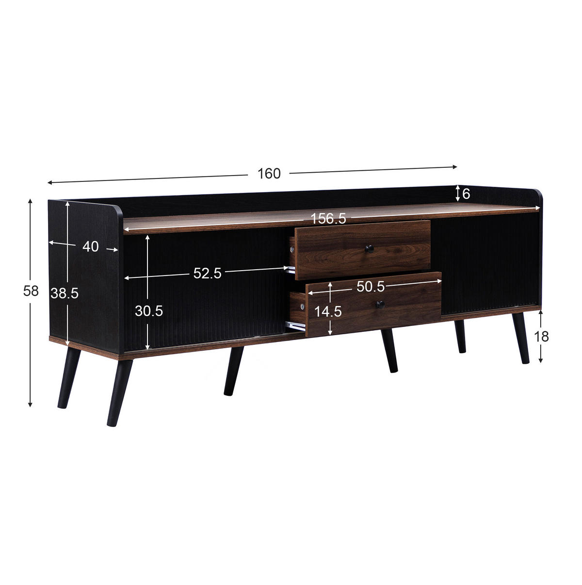 TV-LOWBOARD mit 2 Schiebetüren und 2 Schubladen 160 cm Schwarz - Schwarz, Holzwerkstoff (40/58/160cm) - Beauniv