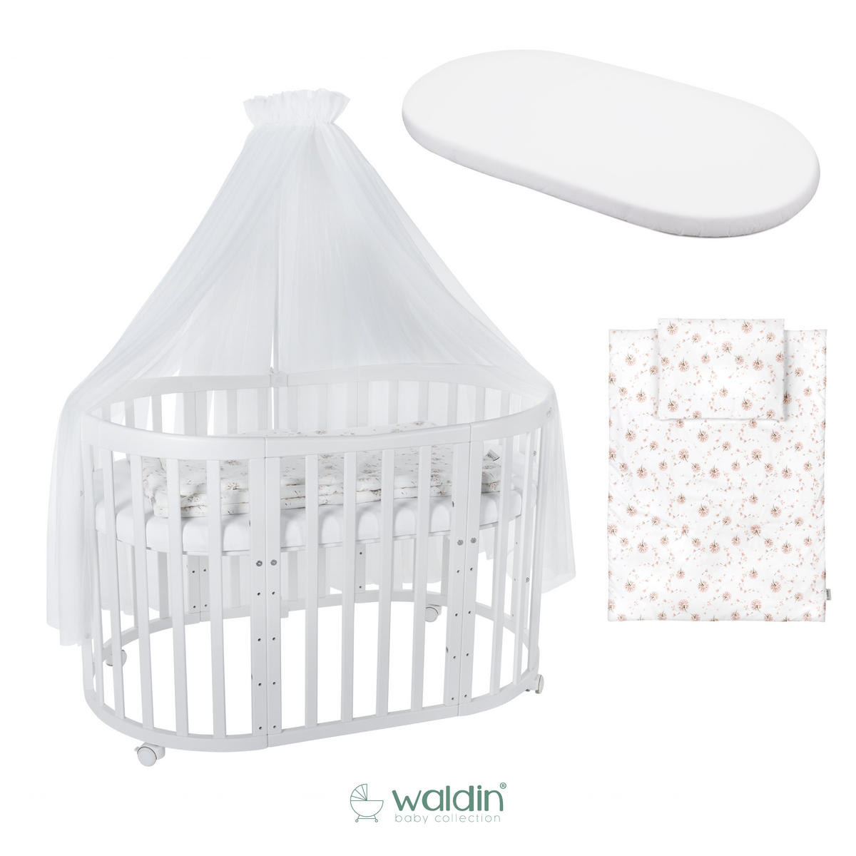 BABYBETT WHITE OVAL 7in1 mit Matratze und Himmelset - Weiß/Braun, Holz/Textil