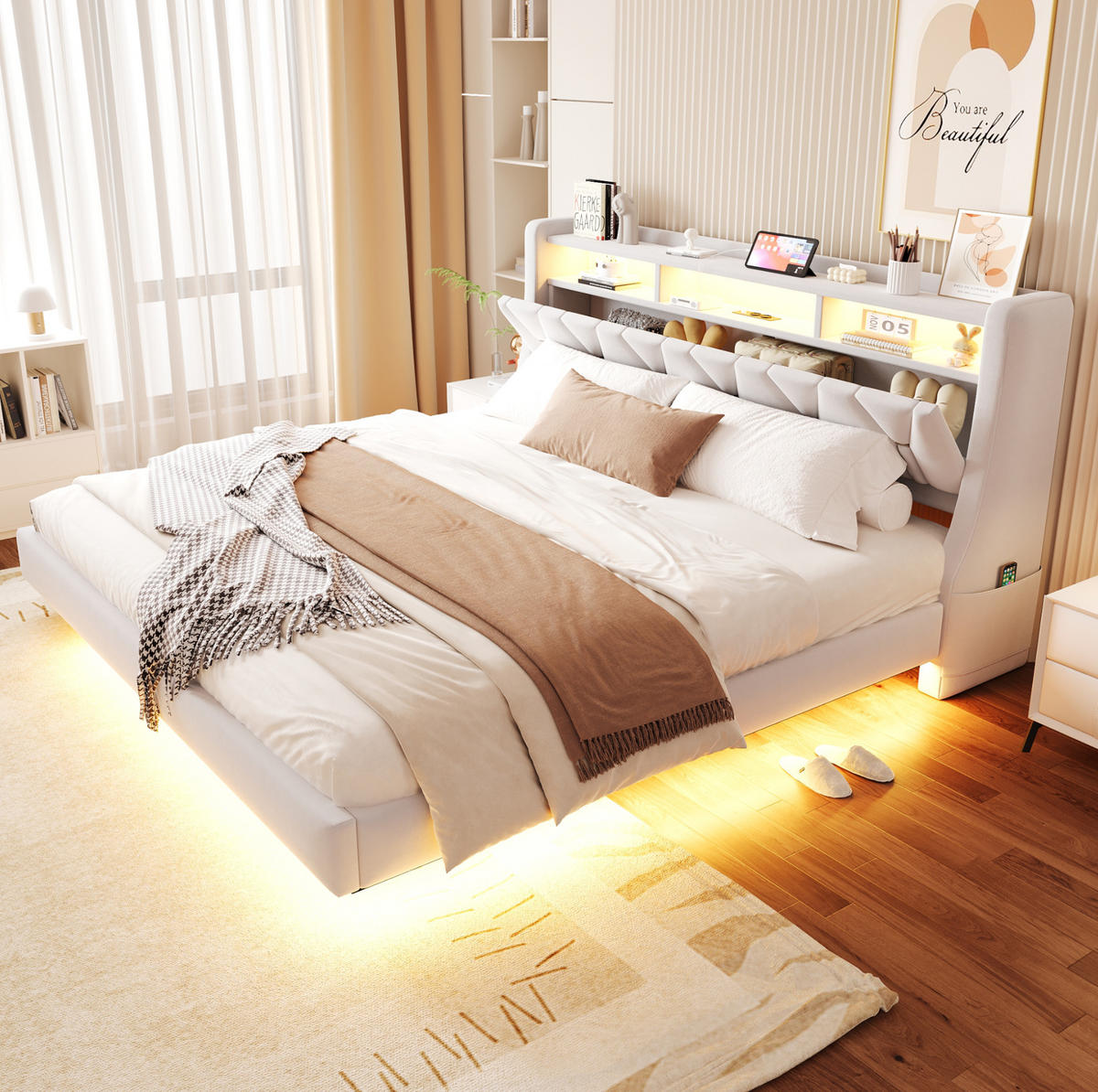 POLSTERBETT 180/200 cm mit klappbarem Kopfteil, LED, USB- und Typ-C-Anschluss, Stauraum, Samt, Beige - Beige, Textil (180/200cm) - Redom