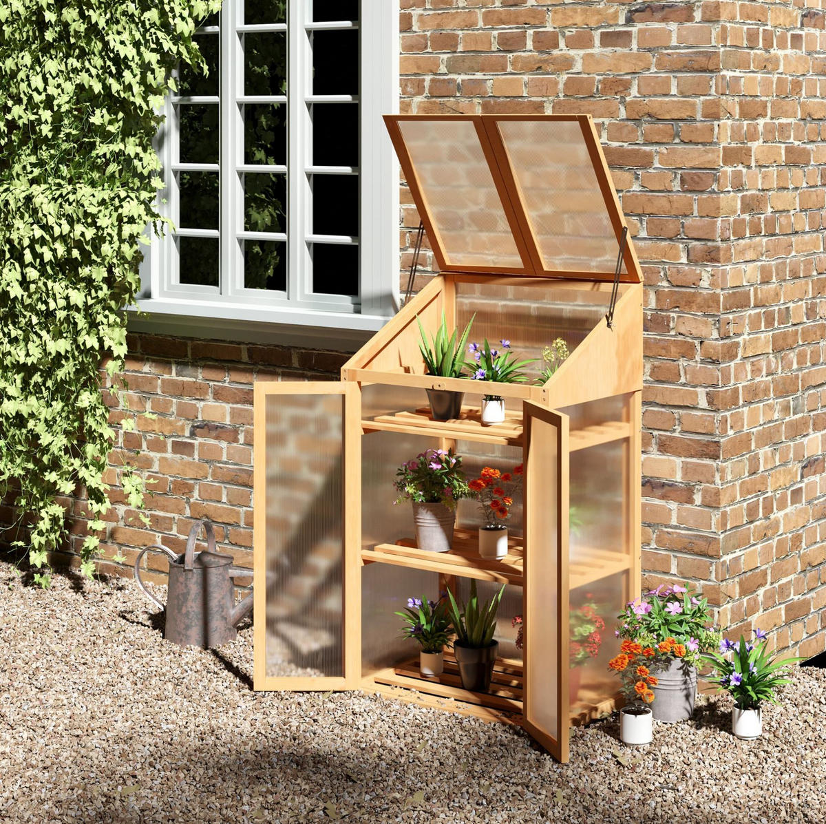 GEWÄCHSHAUS aus Holz 70x50x120 cm in Braun mit 3 Lattenregalen - Braun, Holz (50/120/70cm) - Modfu