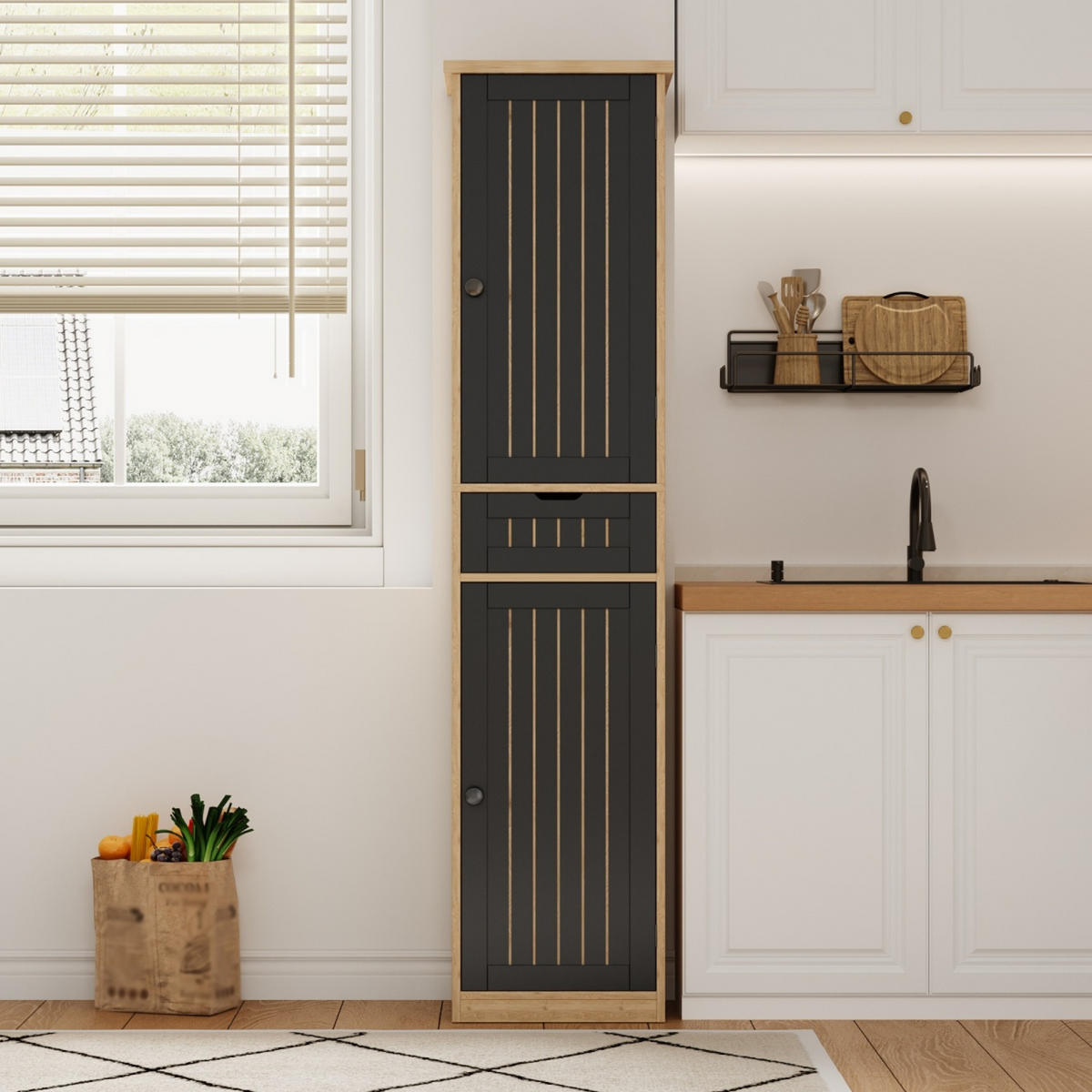 GESCHIRRSCHRANK 170 cm MDF Natur Schwarz mit Türen und verstellbaren Böden - Schwarz, Holzwerkstoff (30/170/40cm) - Korfee