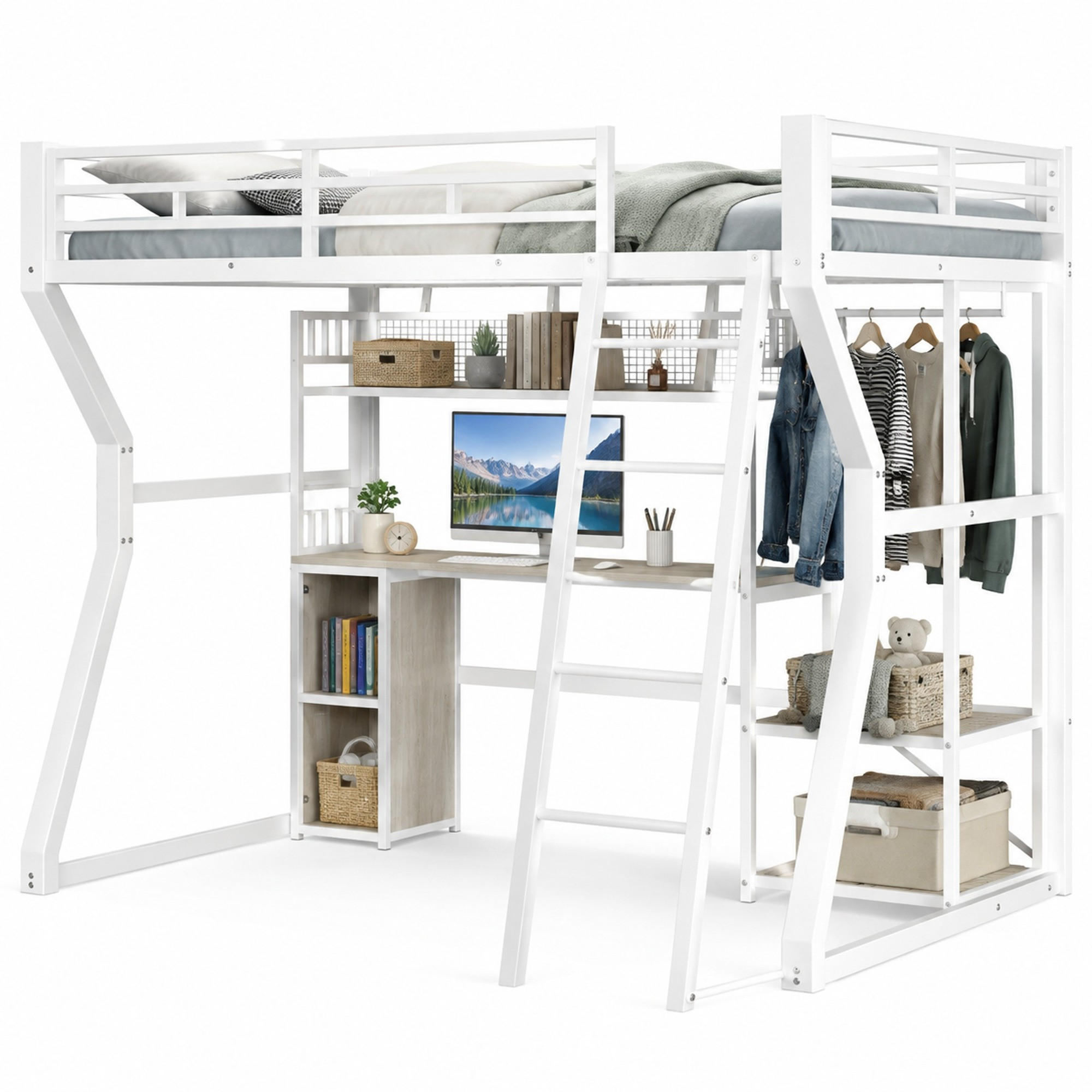 HOCHBETT mit Schreibtisch 140x200 cm Metall/MDF Weiß - Weiß, Metall (140/200cm) - Meubliv