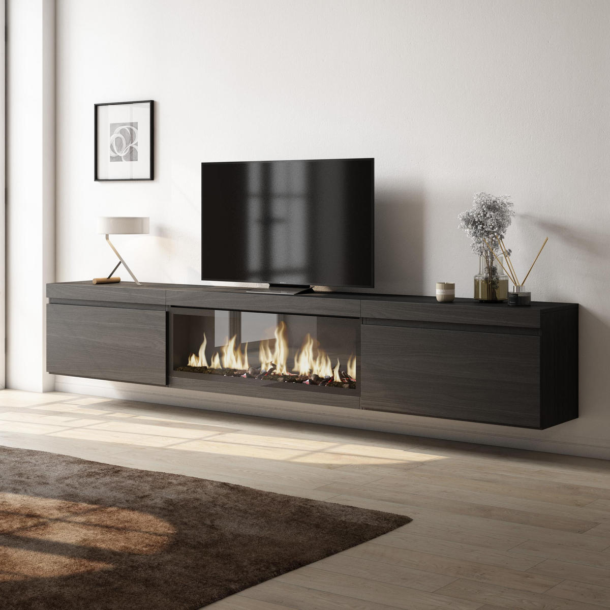 TV-SCHRANK Lowboard, Elektrokamin XXL, Hängend, schwarz, 267/35/45 cm - Schwarz, Holzwerkstoff (35/45/267cm) - Skraut Home