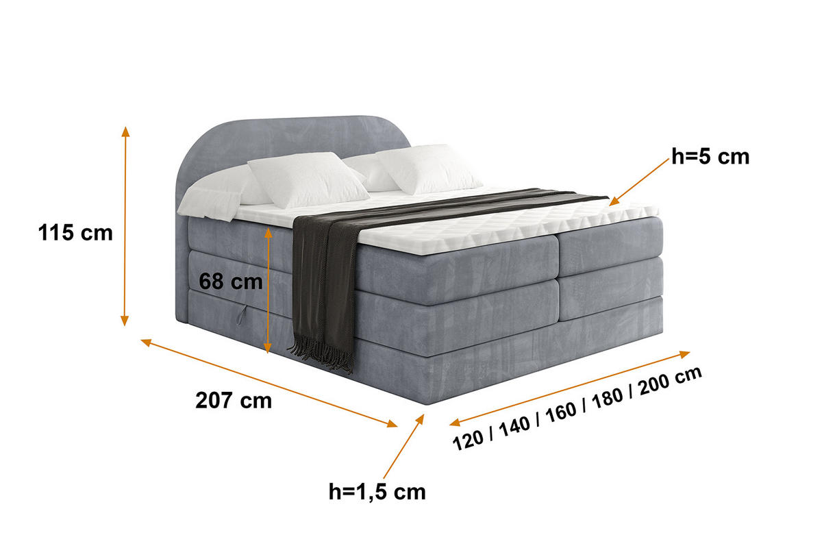 BOXSPRINGBETT mit Matratze und Lattenrost - NOX KING-160x200 - Grau Casablanca - Grau, Holzwerkstoff (160/200cm) - ALTDECOR
