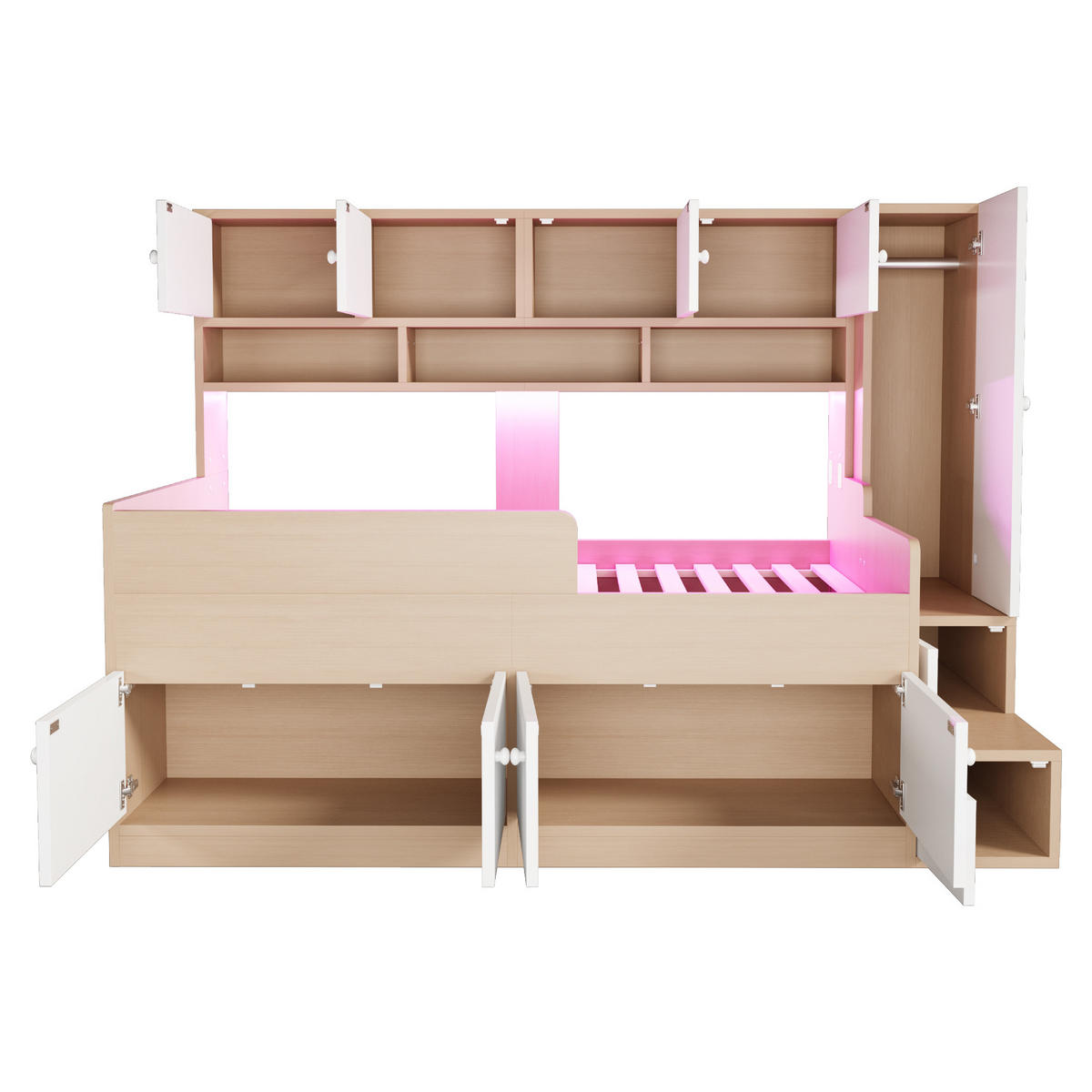 KINDEREINZELBETTEN aus MDF 90x200 cm in Naturholz mit LED-Beleuchtung & Stauraum - Naturfarben, Holzwerkstoff (90/200cm) - Modfu