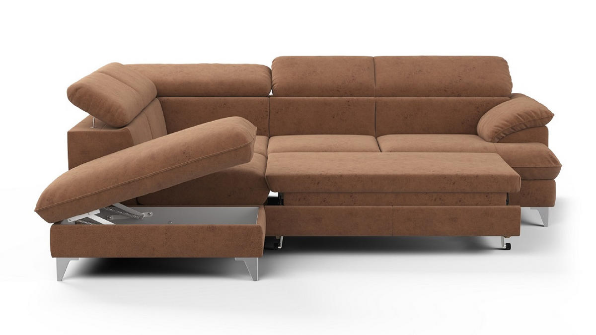 ECKSOFA mit Schlaffunktion und Bettkasten, verstellbare Kopfstützen - Chromfarben/Braun, Textil/Metall (256/208cm) - Cotta