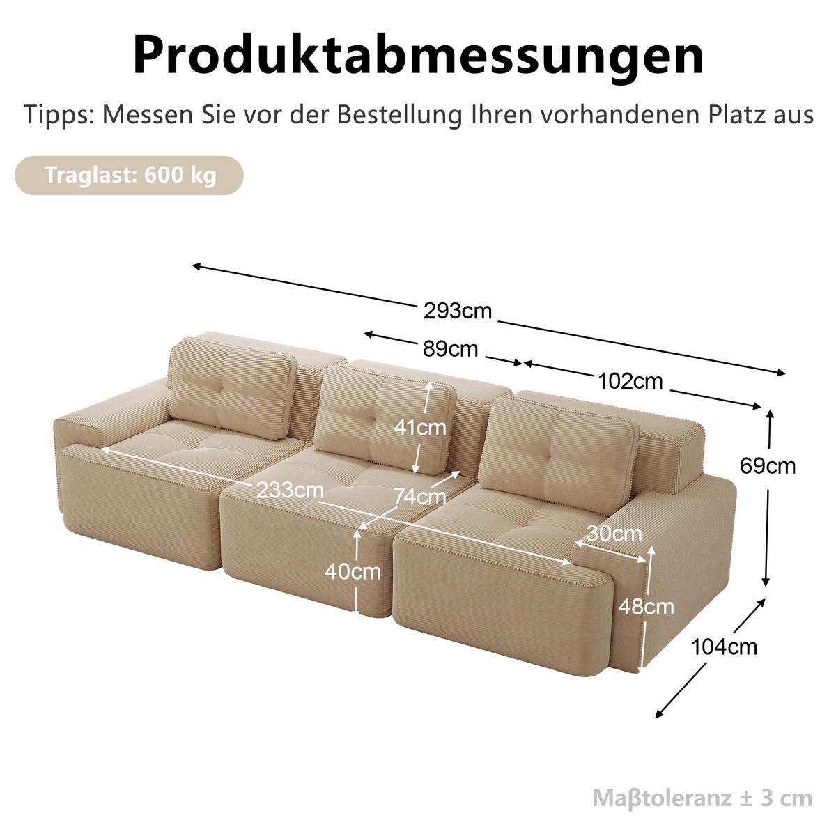 3-SITZER-SOFA DE-34113 modular rahmenlos mit Tiefsitz Beige - Beige, Textil (104/69/293cm) - ComfortXL