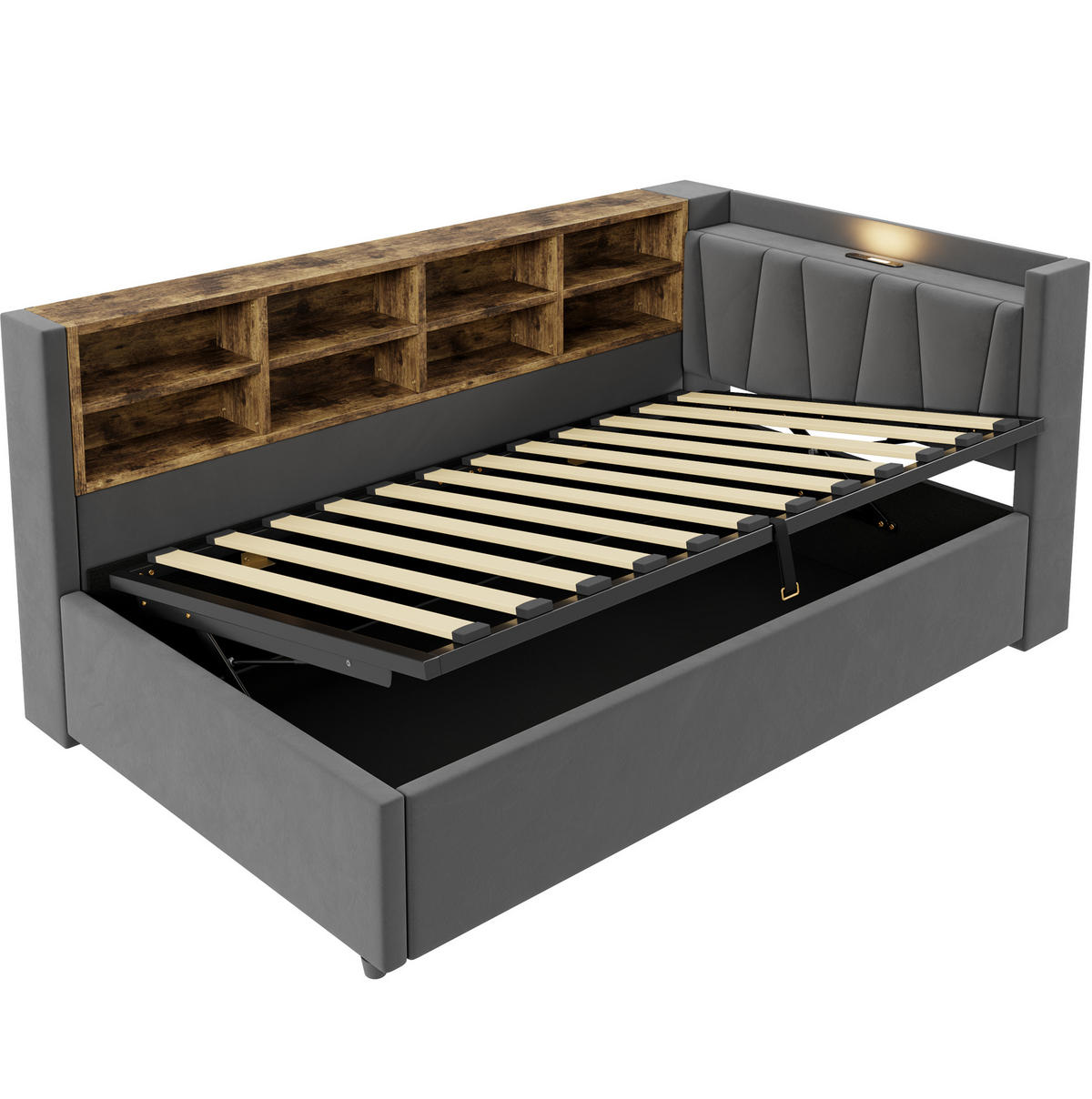 POLSTERBETT 90/200 cm mit hydraulischem Stauraum, Nachtlicht, USB- und USB-C-Anschluss sowie Seitenfächern, Grau - Dunkelgrau, Textil (90/200cm) - Redom