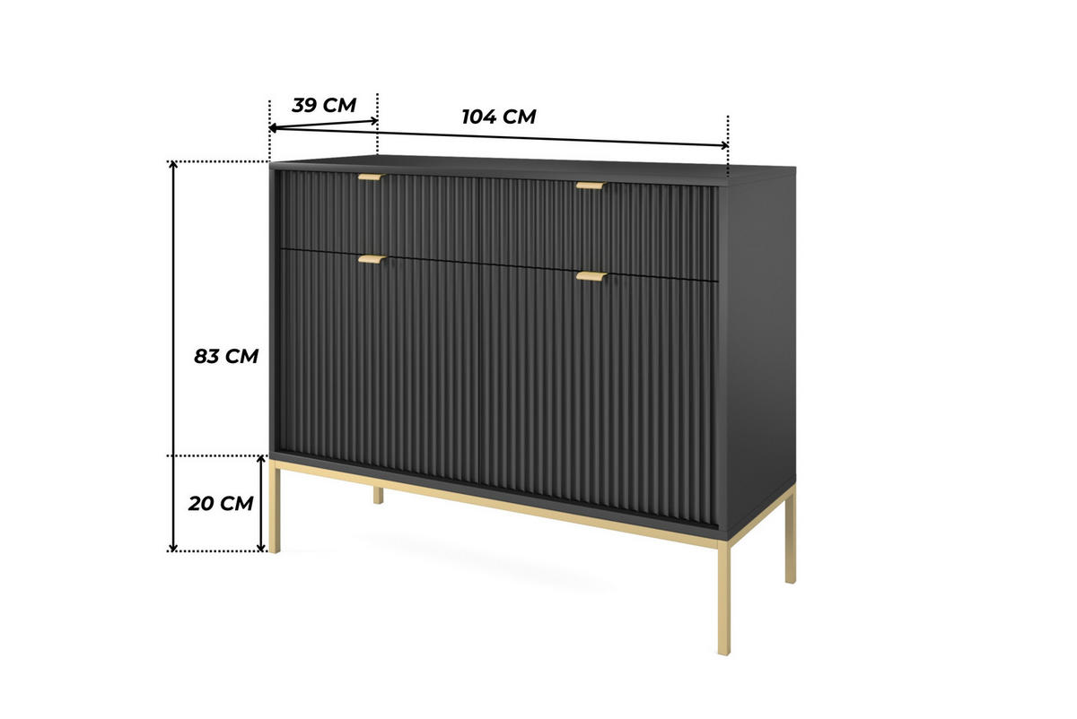SCHWARZE Moderne Geriffelte Kommode KIOTO K2D2SZ (Gold Gestell, Soft-Close Türen) - Goldfarben/Schwarz, Holz/Holzwerkstoff (104/83/39cm) - Ravio