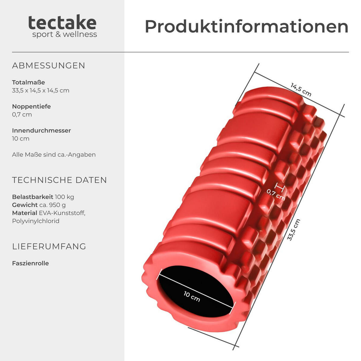 FASZIENROLLE , leichte Reinigung, 335 x 145 mm, rot - Rot, Kunststoff (14.5/14.5/33.5cm) - tectake