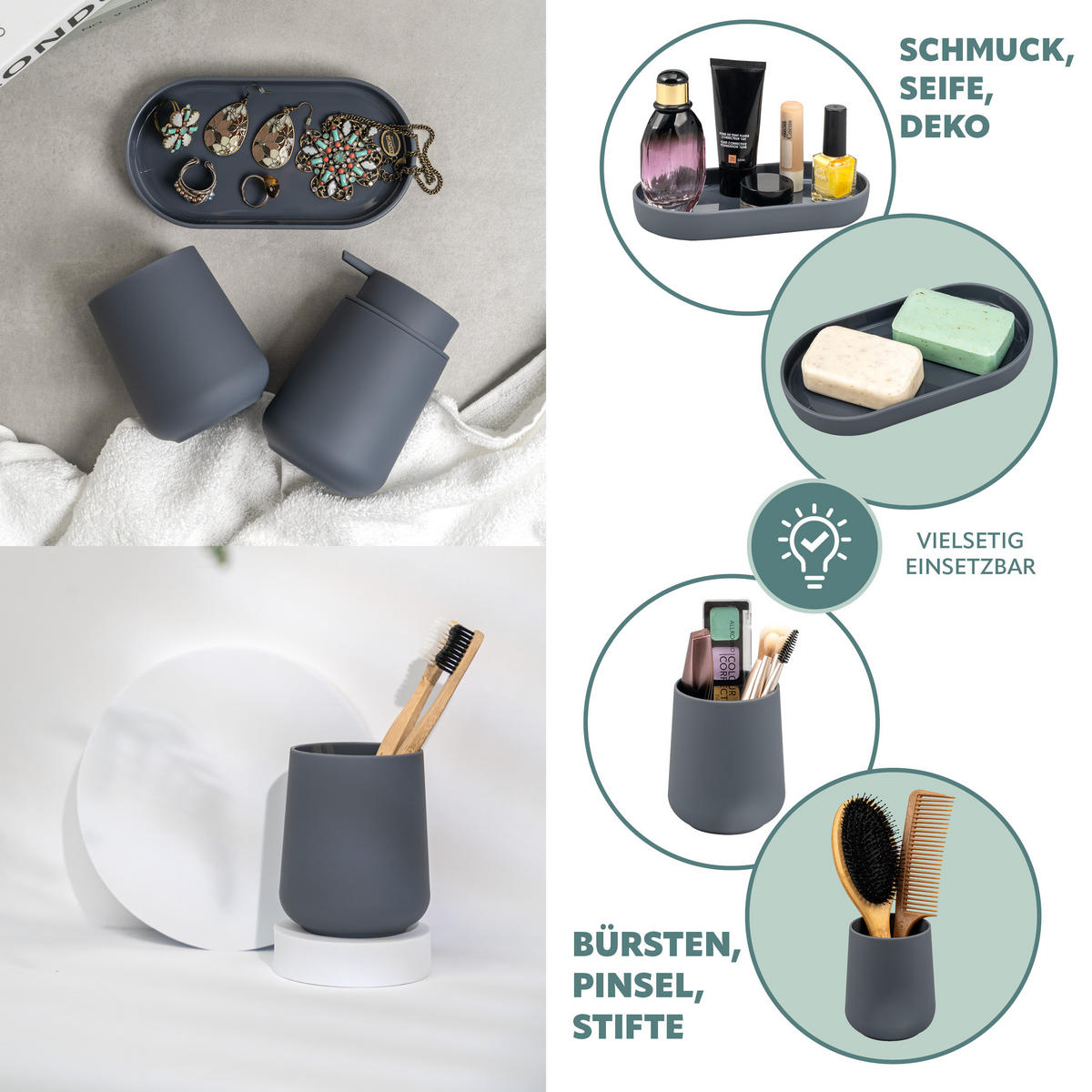 BAD-ACCESSOIRES-SET TESERO, Soft-Touch, grau - Grau, Kunststoff (18.5/13.5/10cm) - eluno