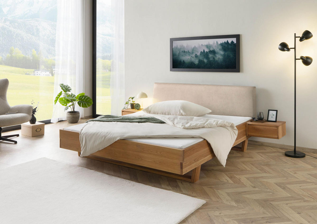 HOLZBETT mit Nachttisch Massivholz Eiche 200 x 200 x 86 natur FICHTELBERG #136 - Beige/Braun, Holz (200/200cm) - Massivmoebel24