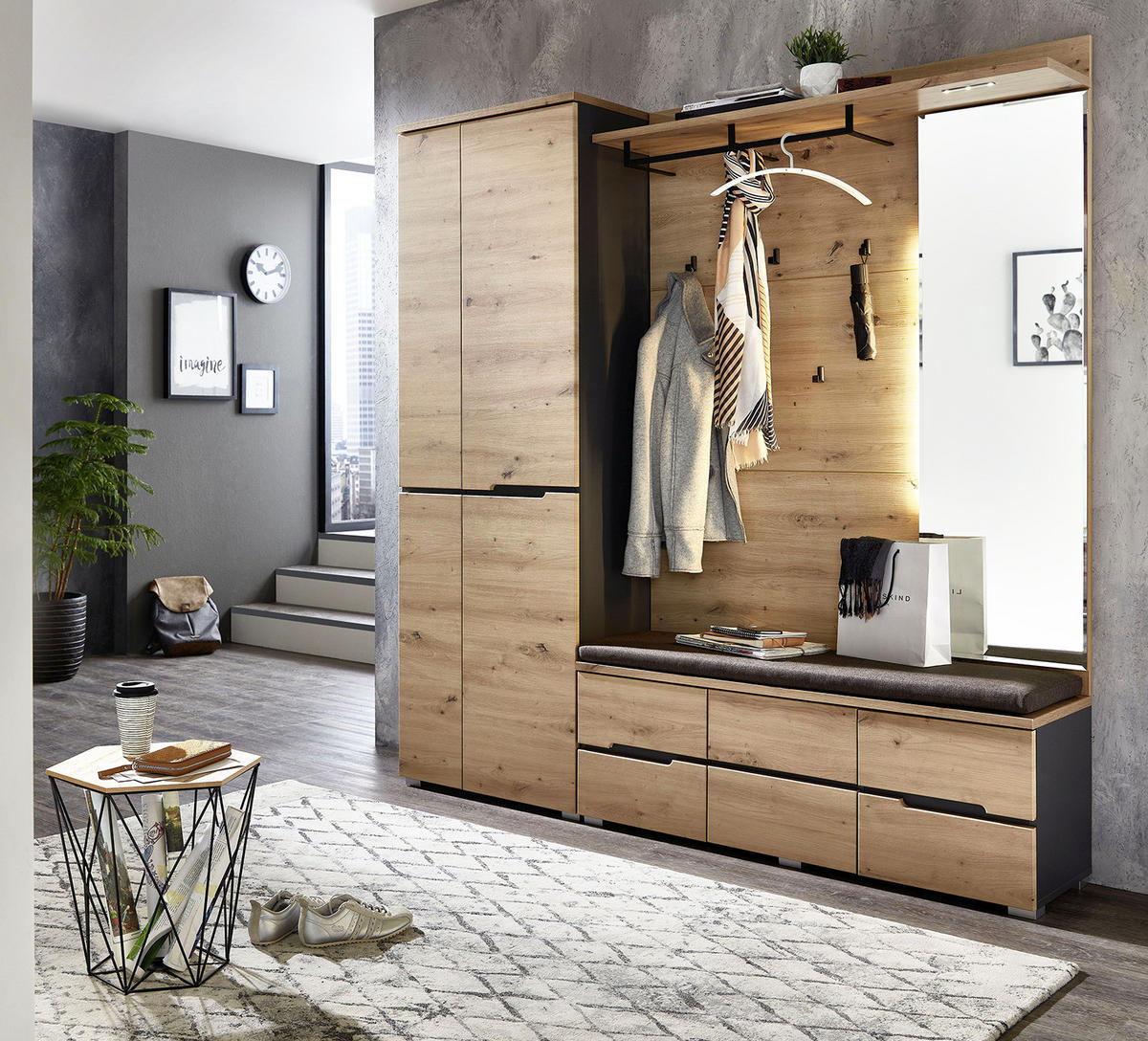 GARDROBENSCHRANK - Eiche Artisan Dekor / Graphit - 65 cm - Schwarz/Braun, Holzwerkstoff/Kunststoff (65/198/37cm) - home24