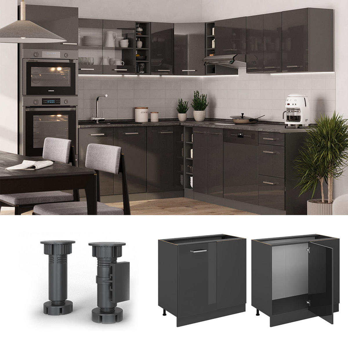 ECKUNTERSCHRANK R-Line Anthrazit Hochglanz 86 cm , AP Eiche - Schwarz Hochglanz/Anthrazit, Holzwerkstoff (86/81.6/60cm) - Vicco