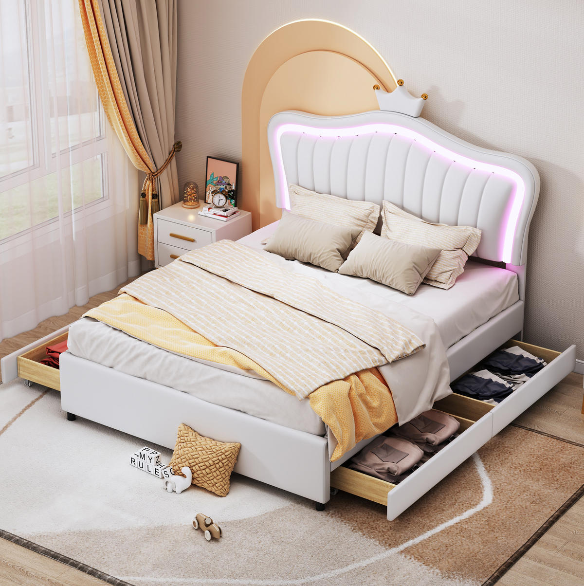 KINDERBETT 140/200 cm aus Kunstleder mit LED-Beleuchtung, 4 Schubladen und verstellbarem Kopfteil, Weiß - Weiß, Textil (140/200cm) - Redom