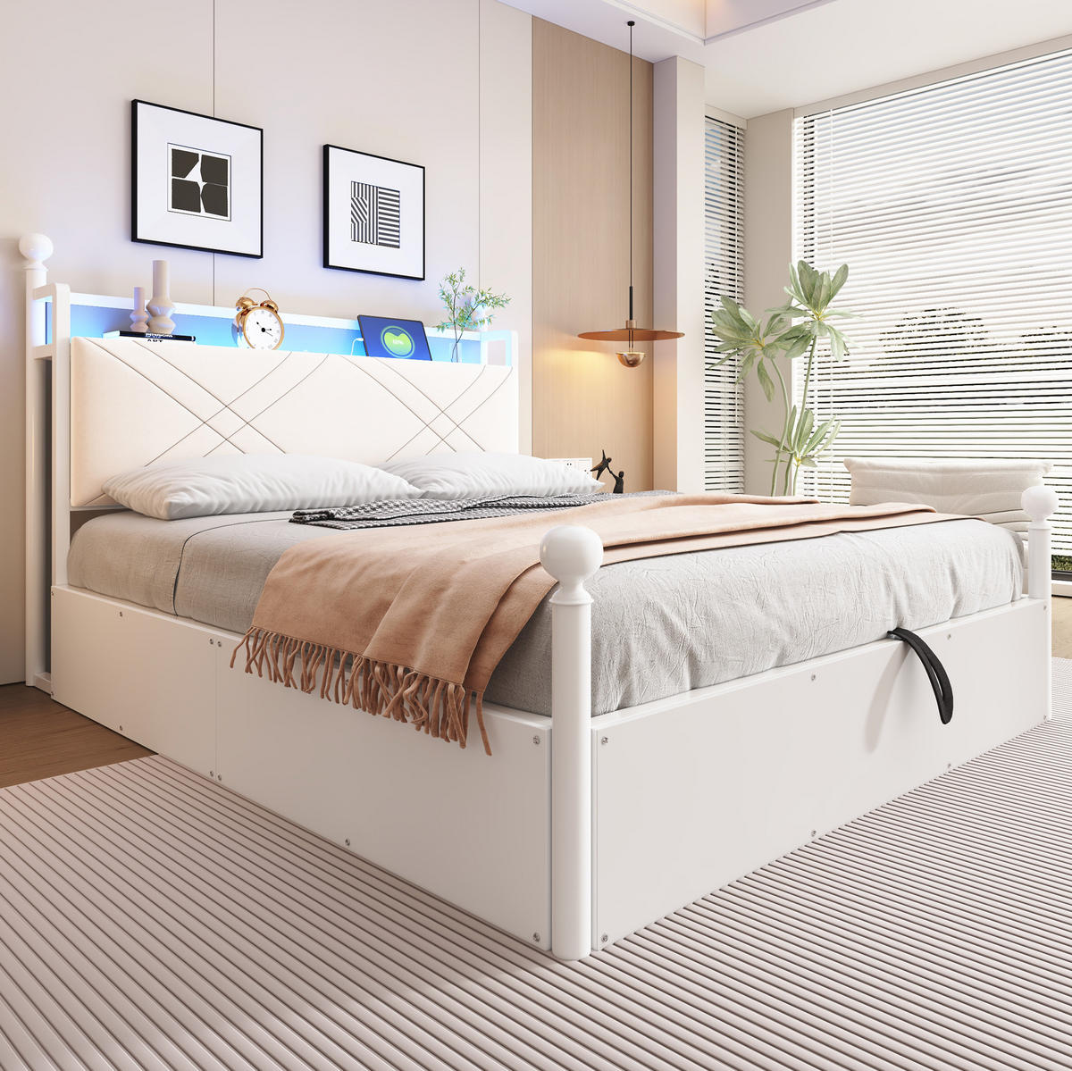 JUGENDBETT Himmelbett 140/190 cm aus Metall mit LED USB-C und Bettkasten Weiß - Weiß, Metall (140/190cm) - Modenvie