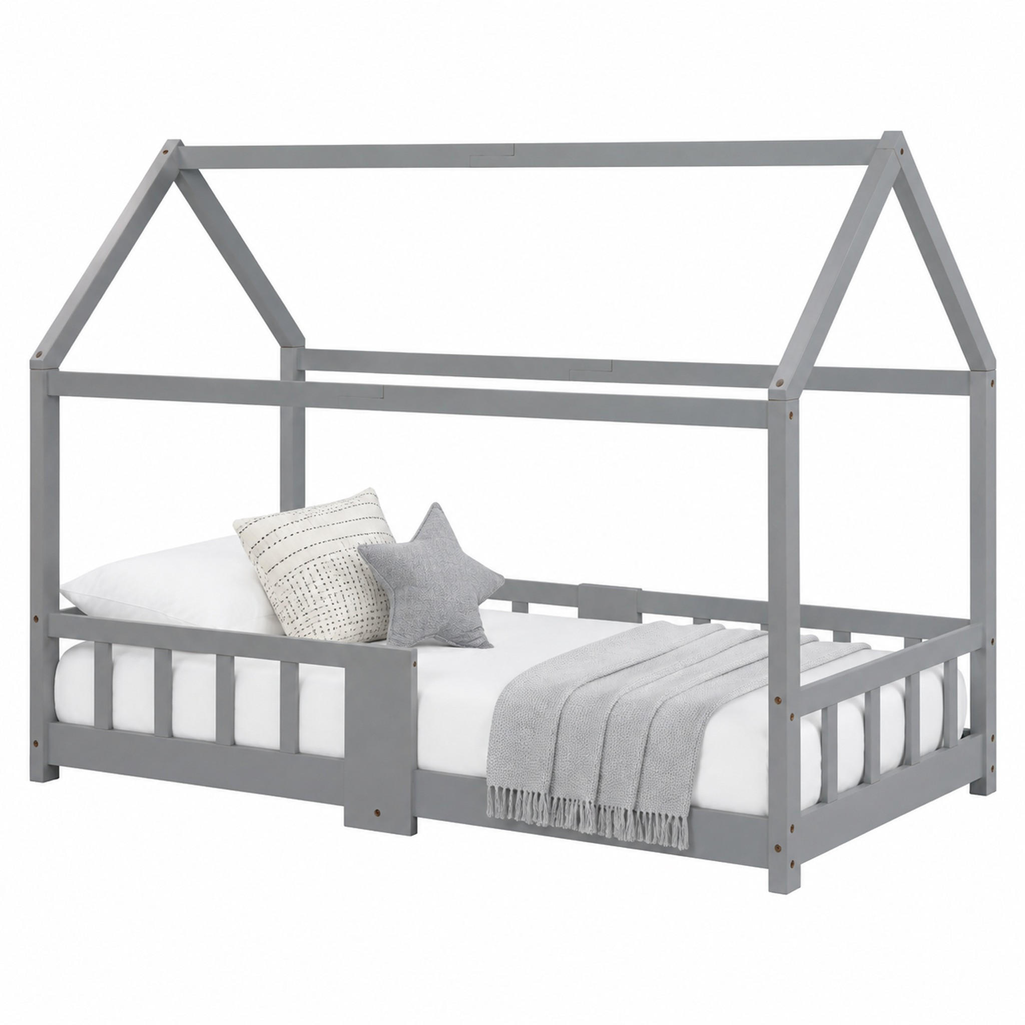 KINDERBETT Hausbett 90x200 cm Kiefer Massivholz Grau mit Tafel - Grau, Holz (90/200cm) - Meubliv