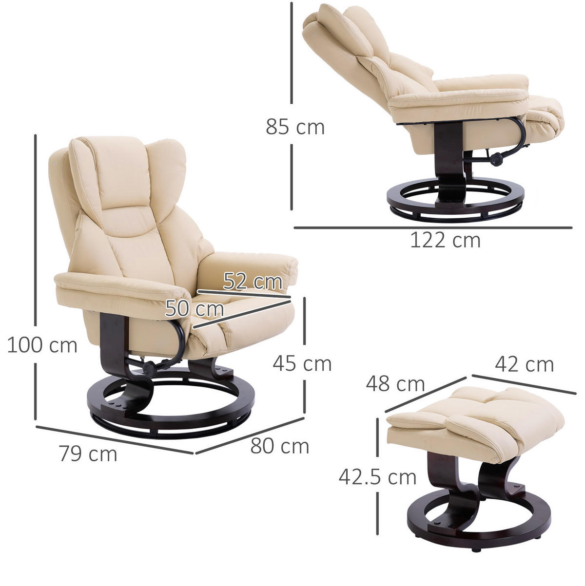 RELAXSESSEL mit Hocker 80/79/100 cm in Cremeweiß, drehbar mit Liegefunktion - Creme, Holz (79/100/80cm) - Flora Grace