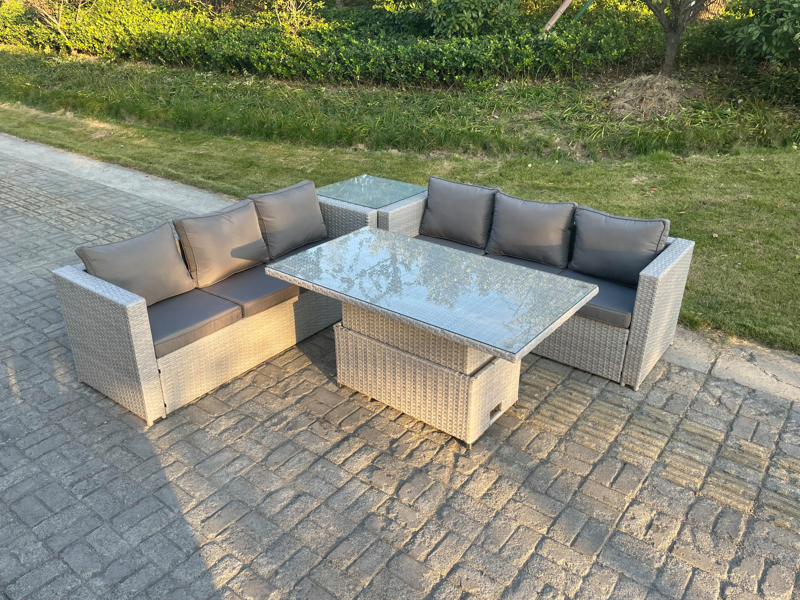 GARTENMÖBEL SET Polyrattan Helles Grau 6-Sitzer - Hellgrau, Metall - Fimous