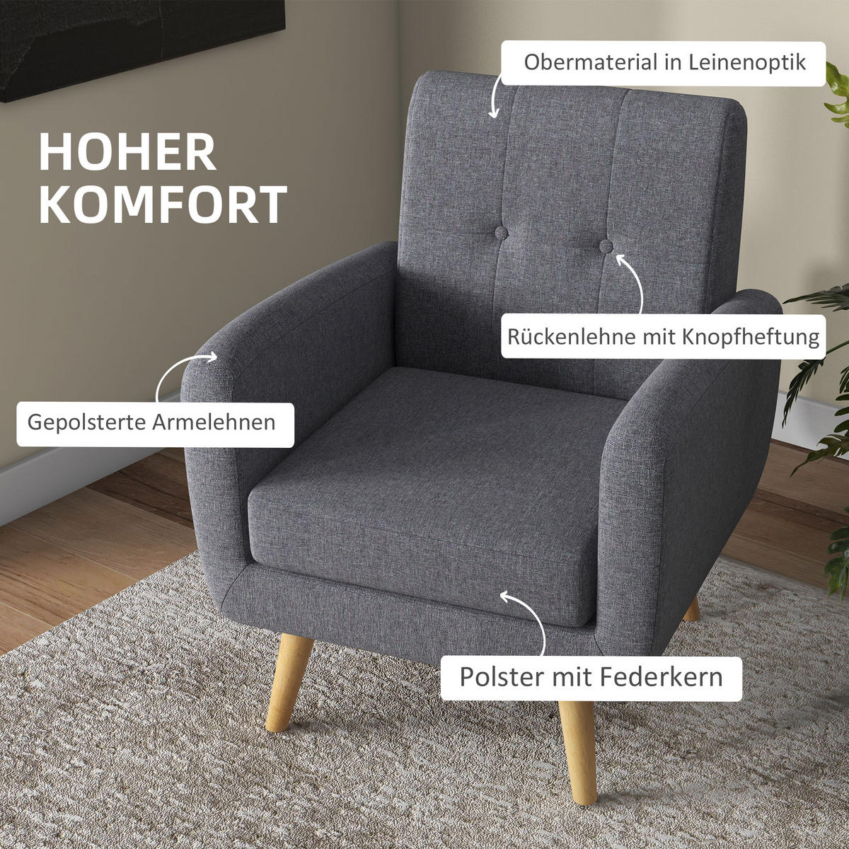 EINZELSESSEL, Leinen, Holz, Hellgrau - Hellgrau, Textil (69.5/86.5/70cm) - HOMCOM