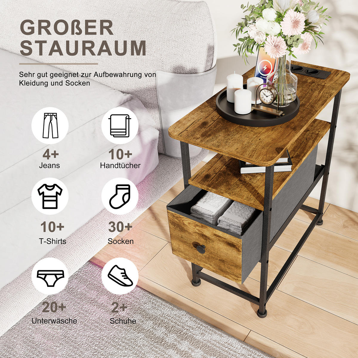 NACHTTISCH LED USB Schublade offene Fächer Tigerstreifen - Naturfarben, Holz (60/62/30cm) - LEBENLANG