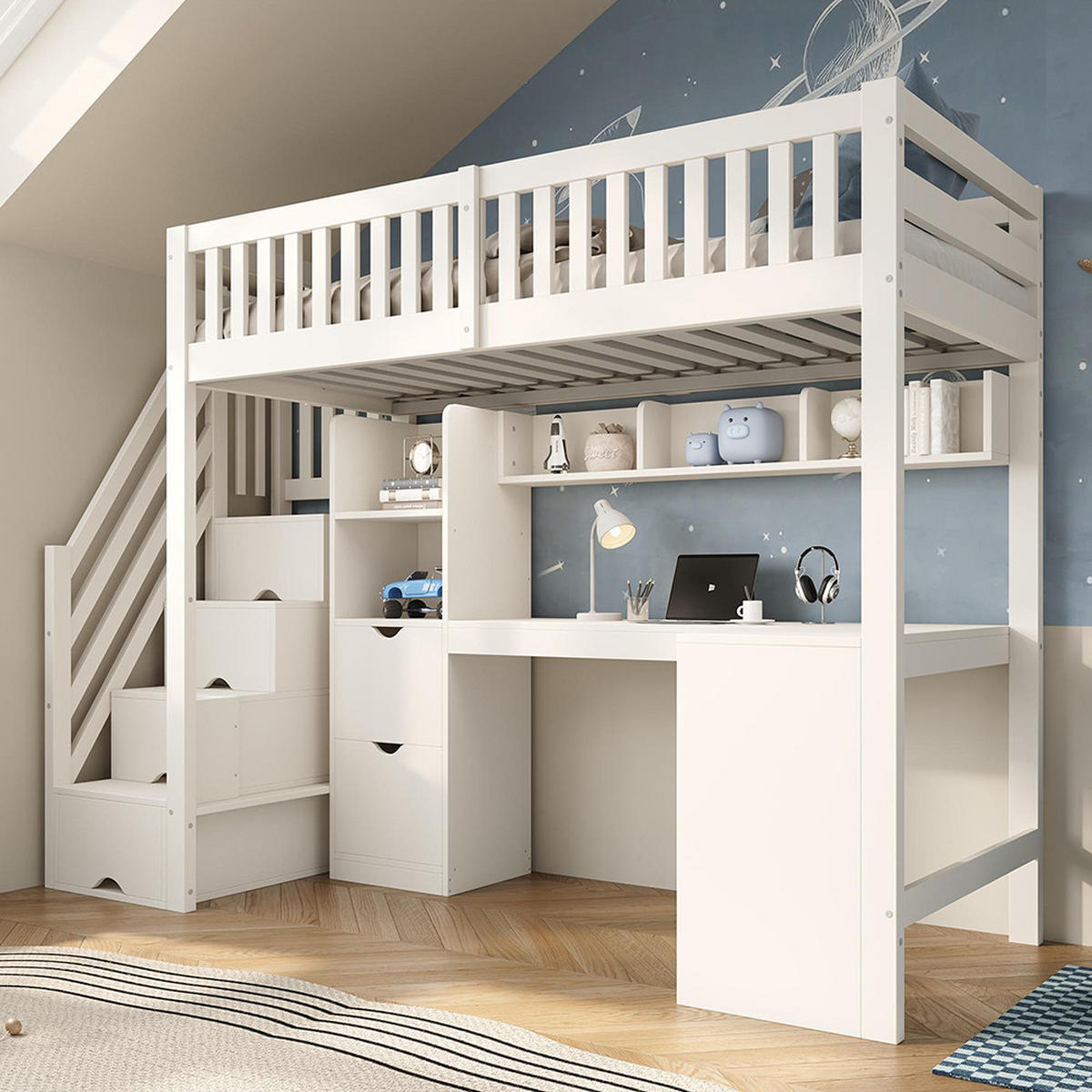 HOCHBETT 90x200 cm mit Treppenschrank in Weiß - Weiß, Holz (90/200cm) - KOMHTOM
