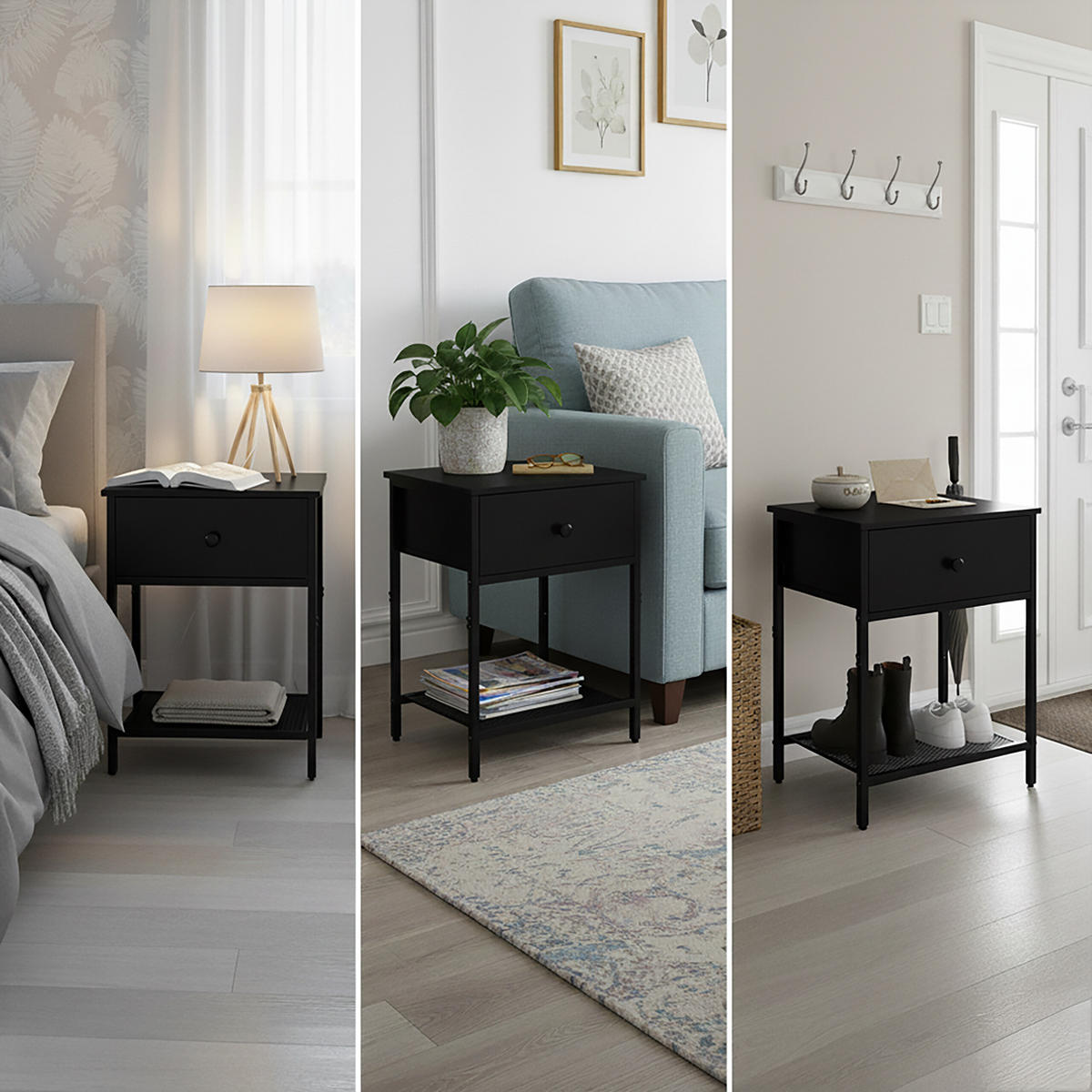 2XNACHTTISCH - Schwarz, Holzwerkstoff/Textil (40/55/30cm) - Relaxdays