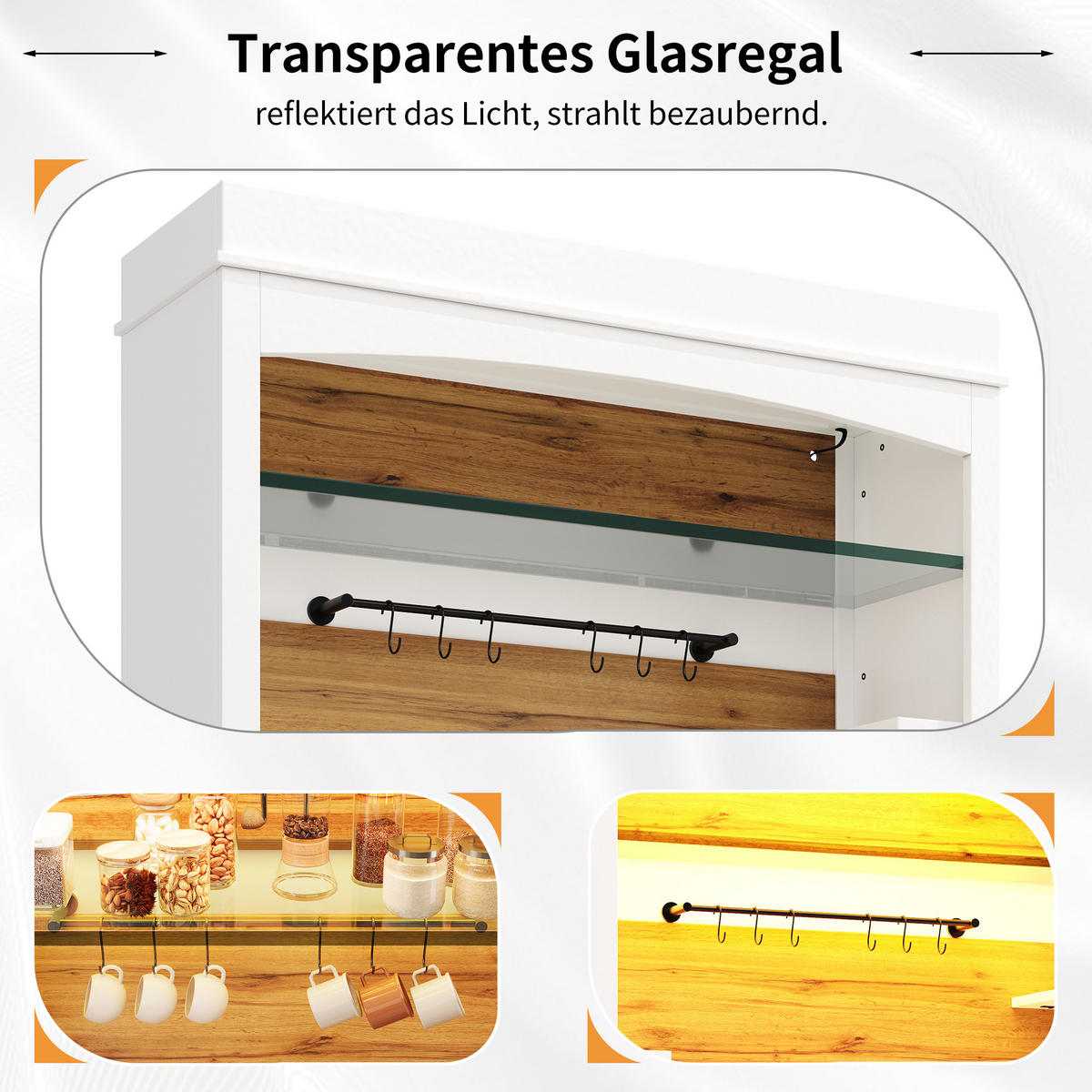 BUFFET 2er Set LED 184cm Glasregal Hakenleiste Weiß - Weiß, Metall (107/184/34cm) - FLIEKS