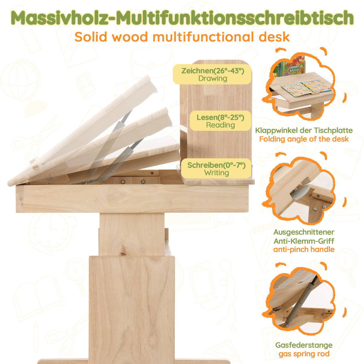 SCHREIBTISCH Natur 80/94/80 cm höhenverstellbar mit klappbarer Tischplatte - Naturfarben, Holz (80/94/80cm) - PANGIVO