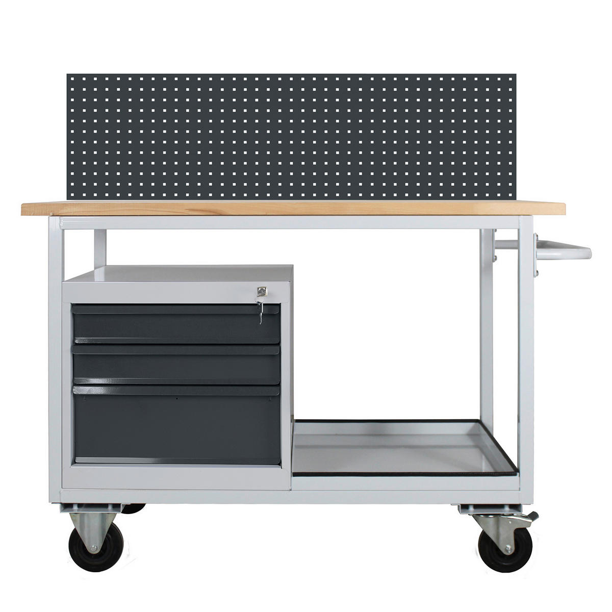 WERKBANK mobil Light Rhino mit Ablagefach, 3 Schubladen & Lochplatte 131x130x60cm 2 Lenkrollen Traglast 300kg Lichtgrau/Anthrazitgrau - Anthrazit, Holz (130/131/60cm) - PROREGAL