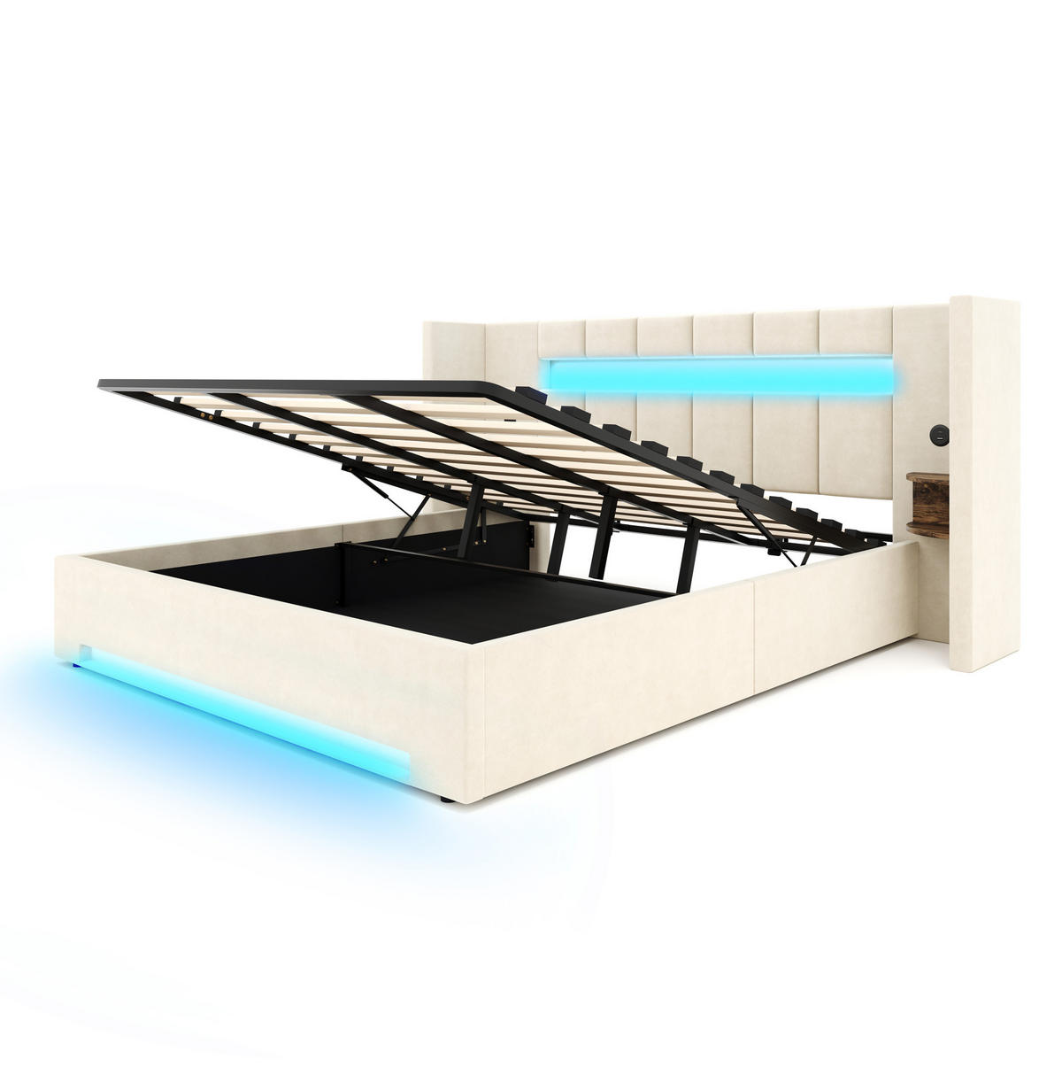 POLSTERBETT 180/200 cm mit USB-Anschlüssen, LED-Beleuchtung, Hydraulik-Stauraum und Retro-Schränken, Beige - Beige, Textil (180/200cm) - Redom