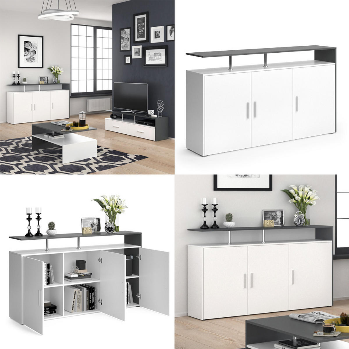 KOMMODE Amato Weiß/Anthrazit 160 x 91.6 cm - Weiß, Holzwerkstoff (35/91.6/160cm) - Vicco