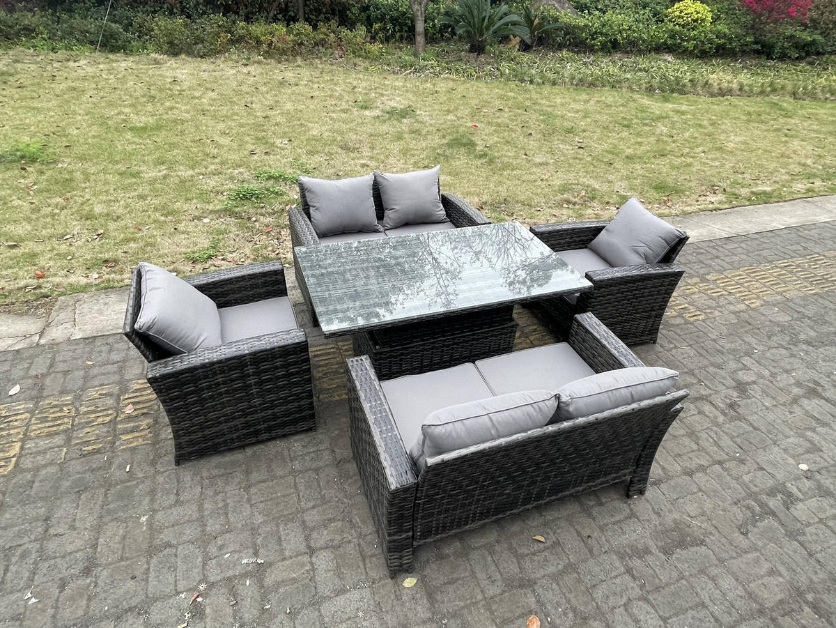 GARTENMÖBEL-SET HÖHENVERSTELLBARER ESSTISCH SESSEL SOFA Polyrattan Dunkelgrau Gemischt 6-Sitzer - Dunkelgrau, Metall - Fimous