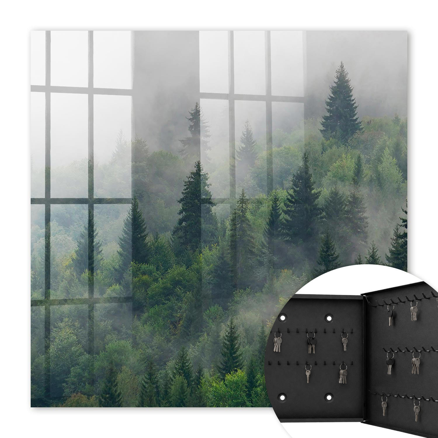 SCHLÜSSELBOX Schwarz 30x30 cm- Türöffnung nach rechts - Nebelwald - Grün, Metall (30/30/5cm) - TULUP