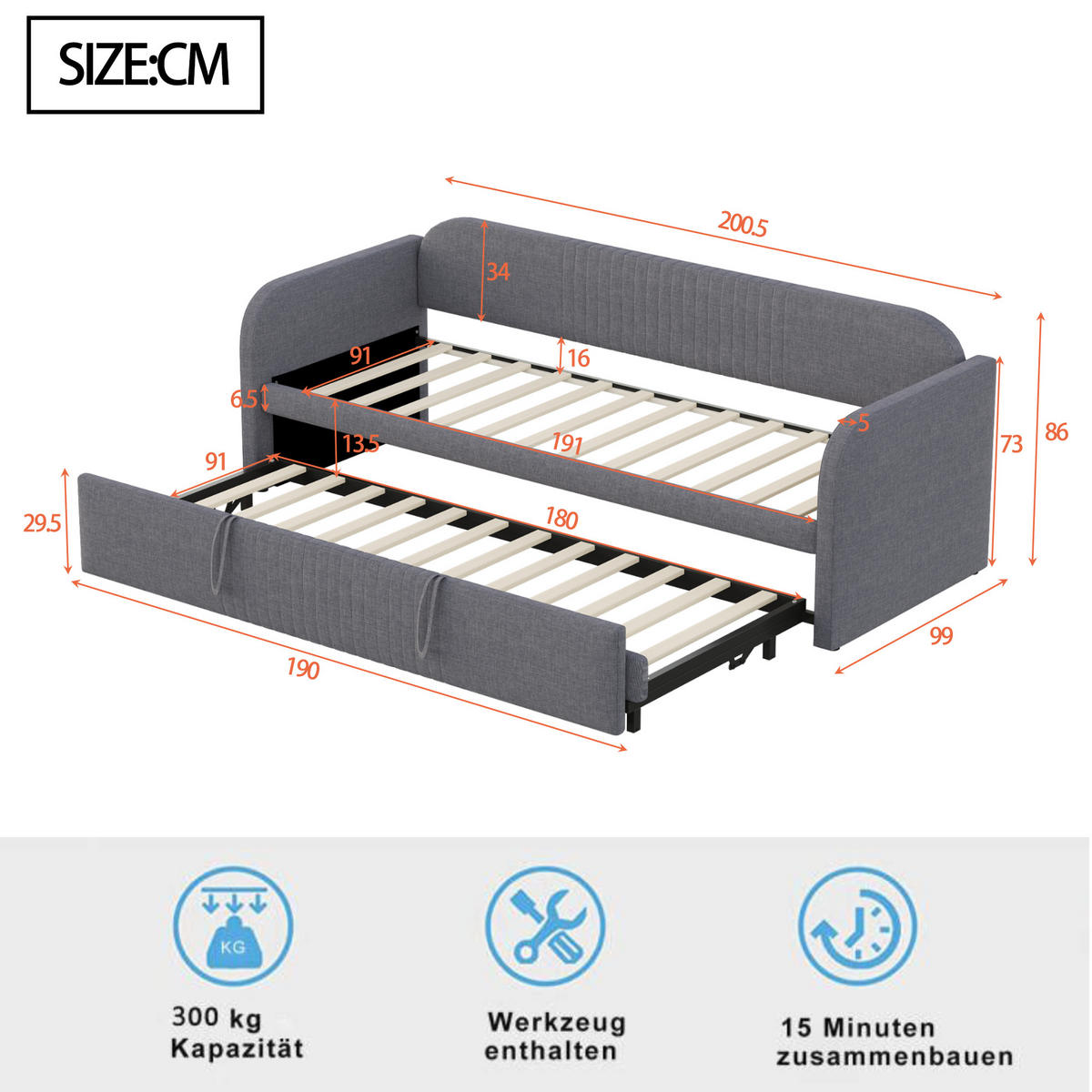 POLSTERBETT 90/180x190 Leinen Lattenrost Streifen Grau - Grau, Holzwerkstoff - FLIEKS