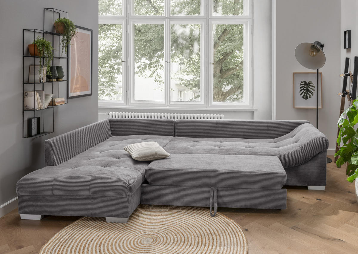 ECKSOFA mit Schlaffunktion, Wellenunterfederung, Ottomane links B298/T202/H84 cm, Liegefl. 154x227 cm, Cord Grau / 17202 - Beige/Silberfarben, Holz/Textil (298/202cm) - luma-home