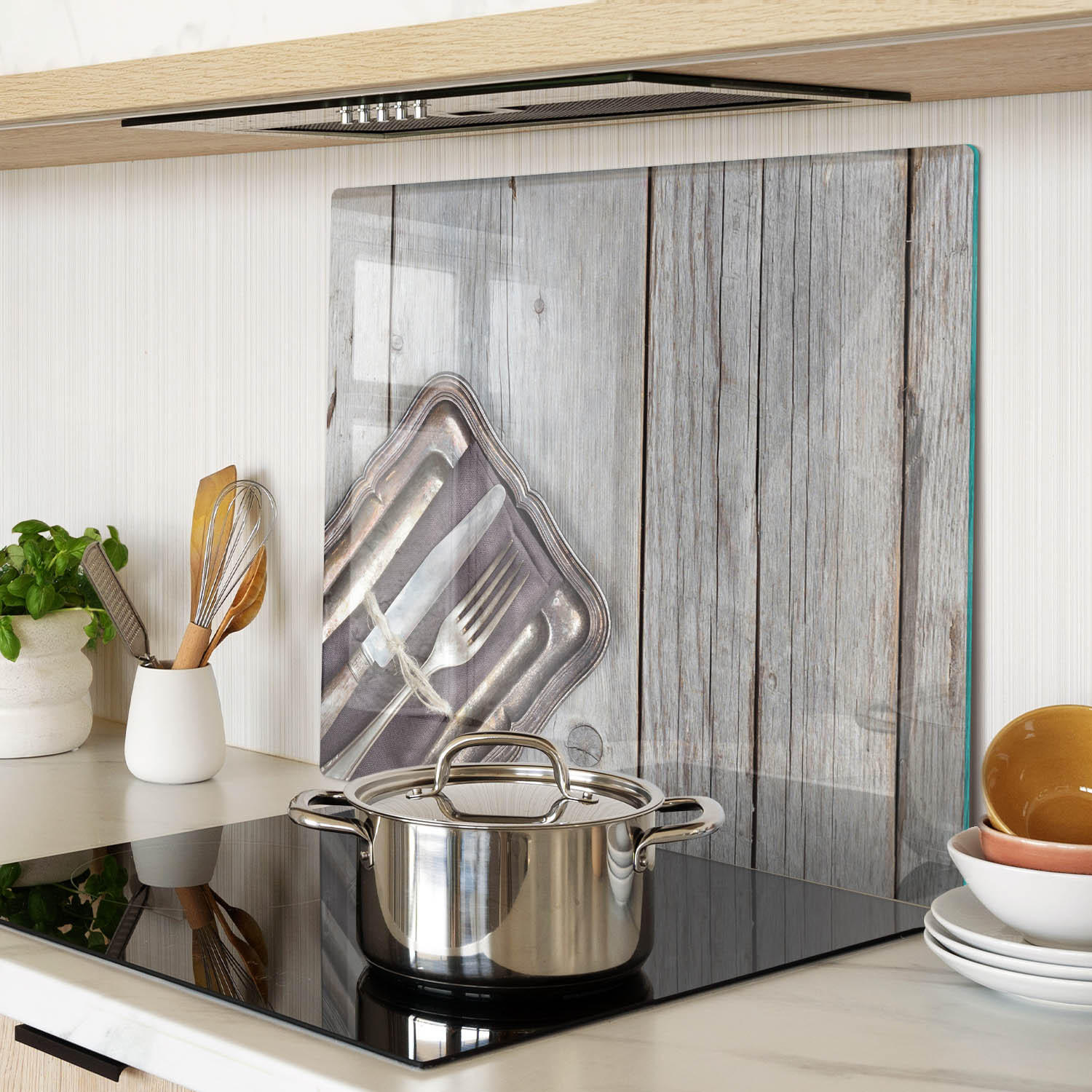 GLASPLATTE 60x52 cm Besteck auf Brettern - Beige, Glas (60/0.4/52cm) - TULUP